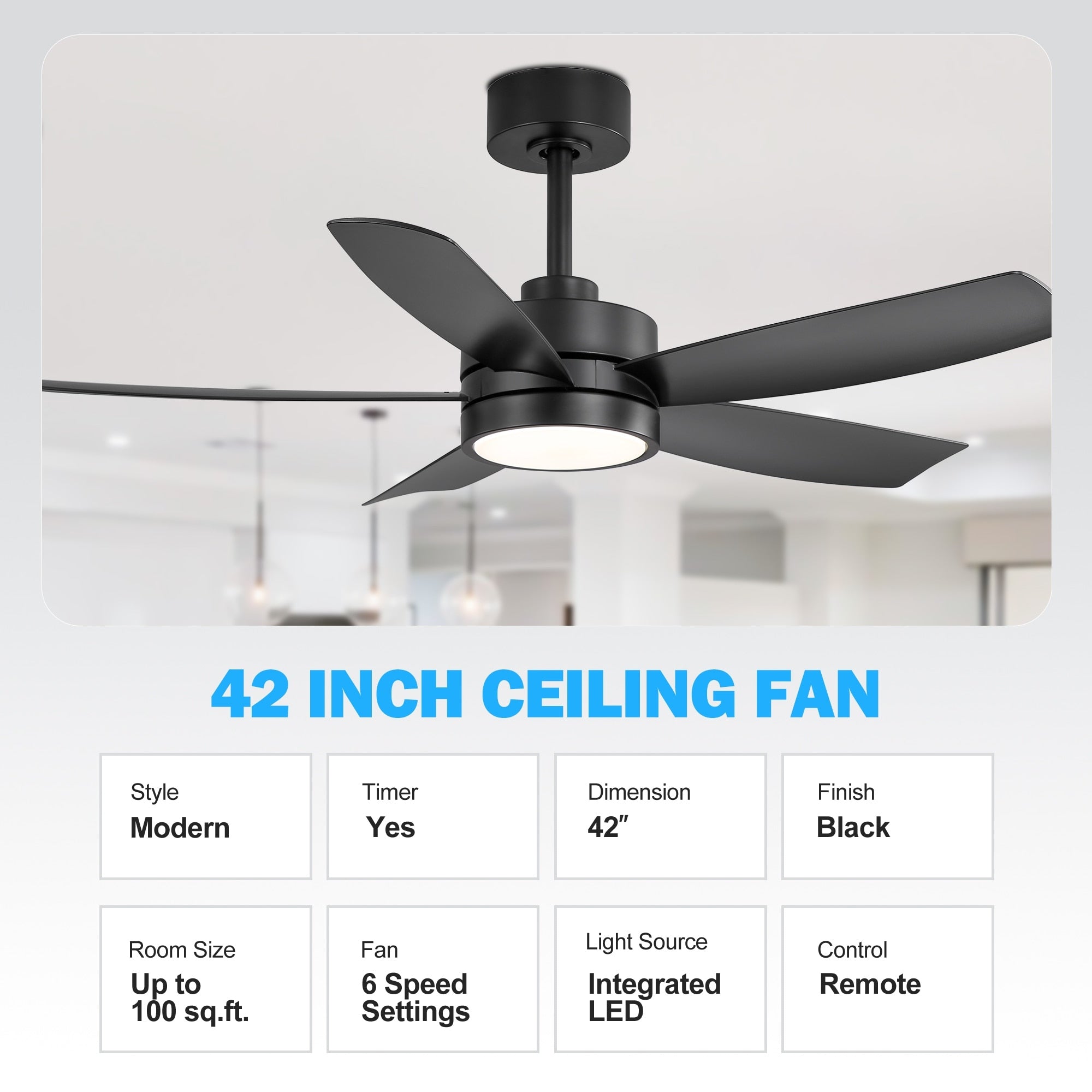 Ventilateur de plafond LED Breezary 65/52/42 à 5 pales avec kit d'éclairage et télécommande