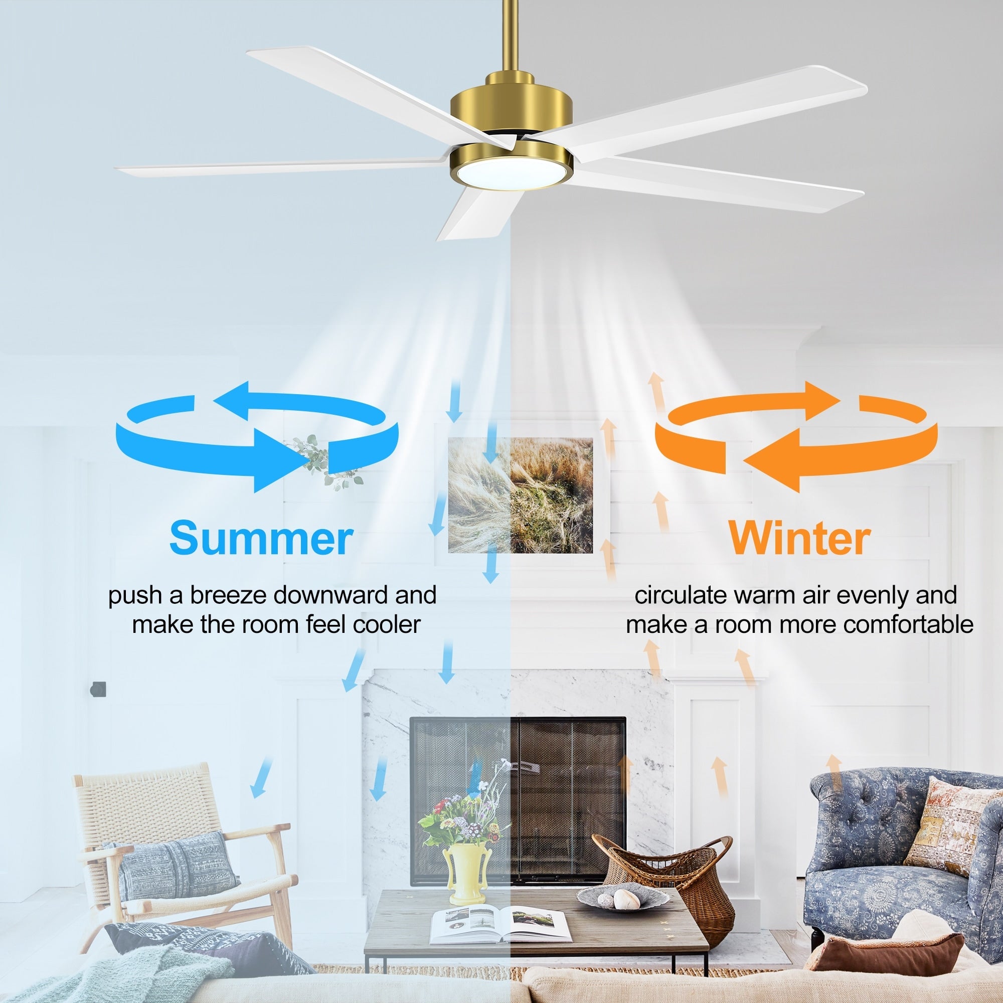 Ventilateur de plafond LED Breezary 65/52/42 à 5 pales avec kit d'éclairage et télécommande