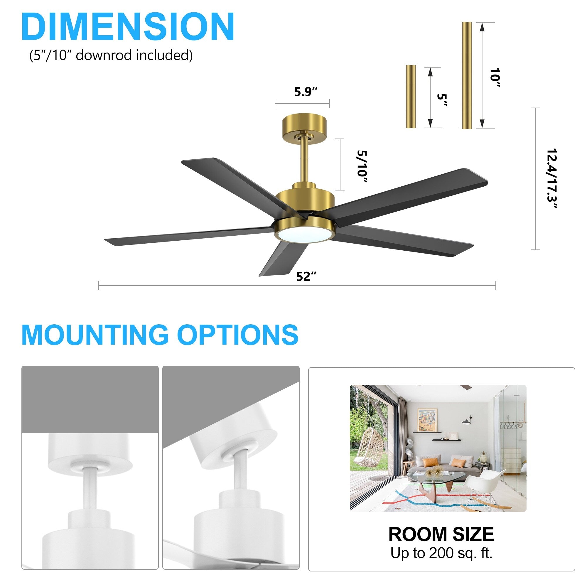 Ventilateur de plafond LED Breezary 65/52/42 à 5 pales avec kit d'éclairage et télécommande
