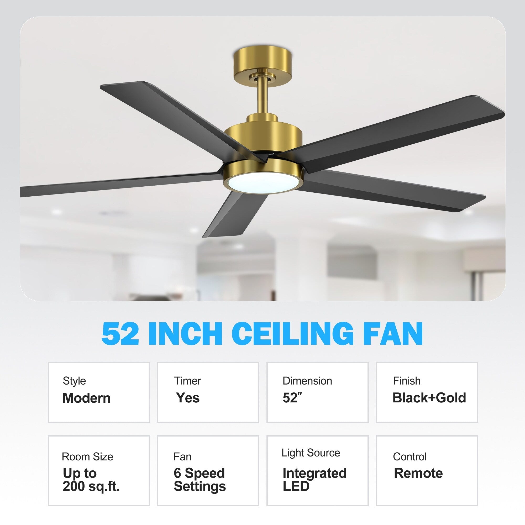 Ventilateur de plafond LED Breezary 65/52/42 à 5 pales avec kit d'éclairage et télécommande