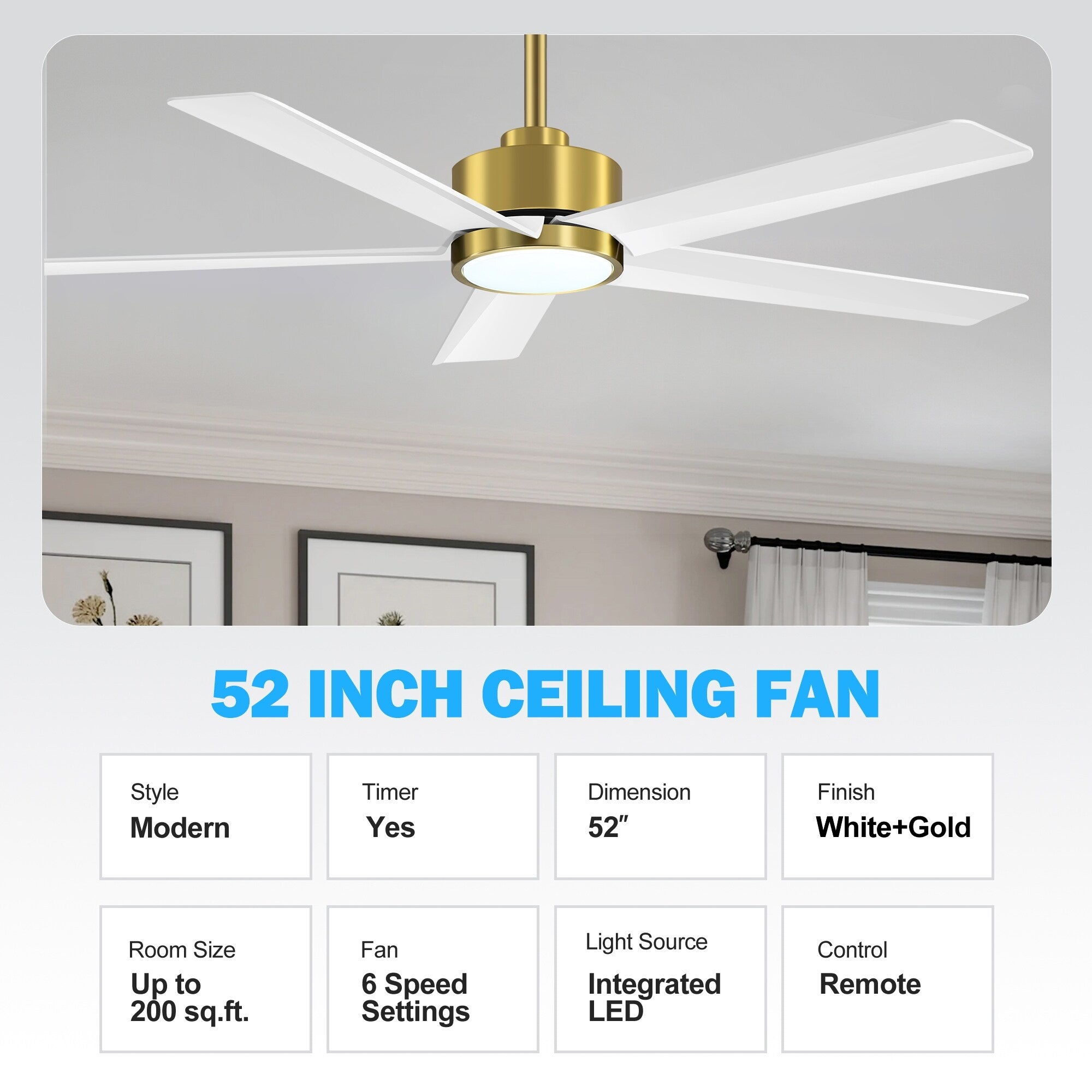 Ventilateur de plafond LED Breezary 65/52/42 à 5 pales avec kit d'éclairage et télécommande