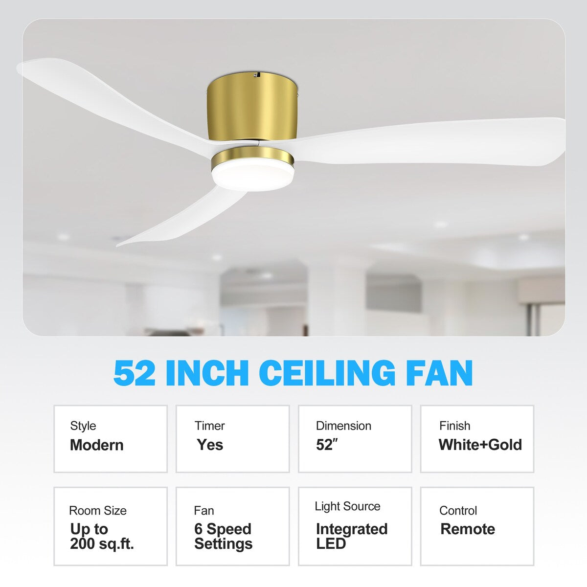 Ventilateur de plafond encastré à DEL noir/blanc de 52 pouces avec télécommande (3 pales)