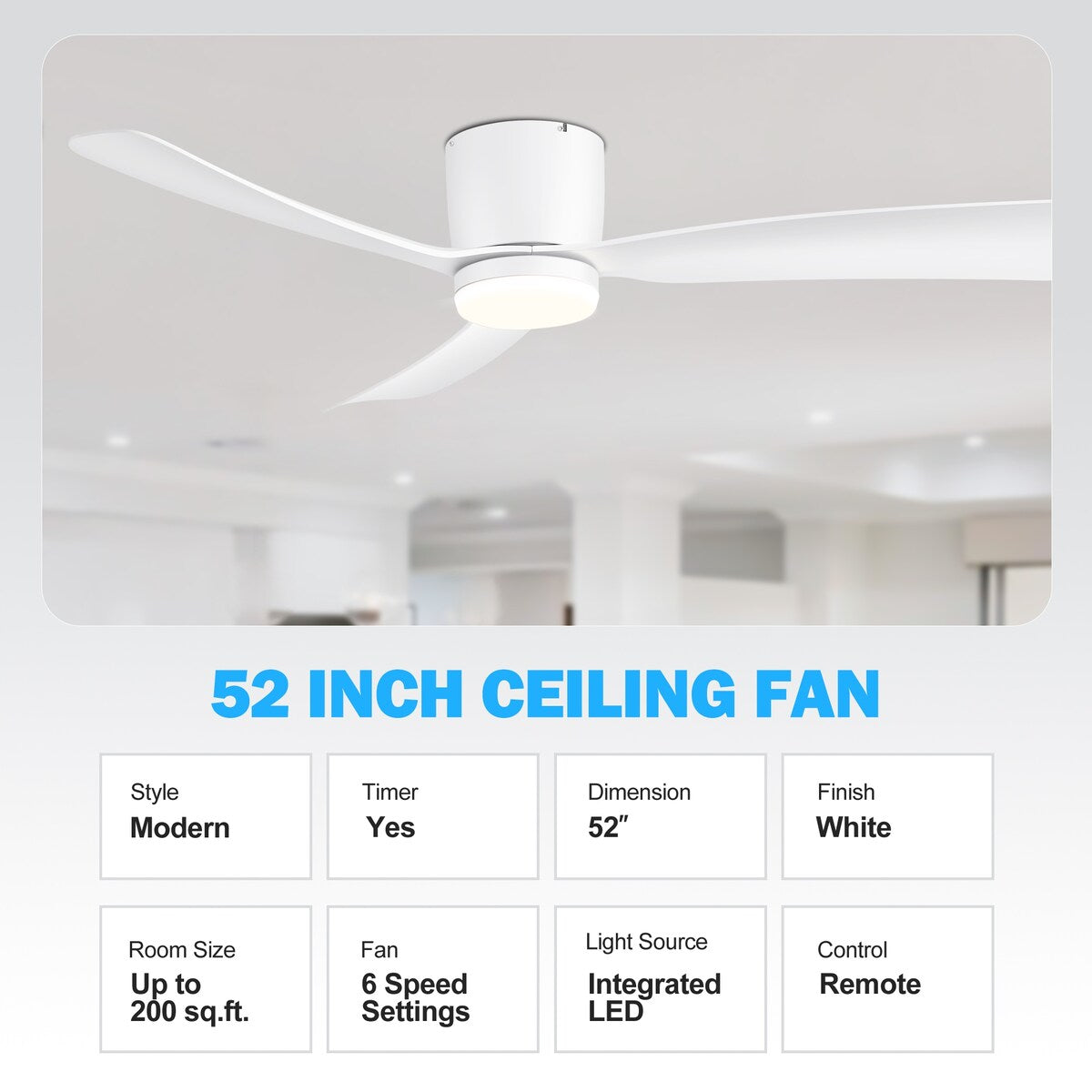 Ventilateur de plafond encastré à DEL noir/blanc de 52 pouces avec télécommande (3 pales)