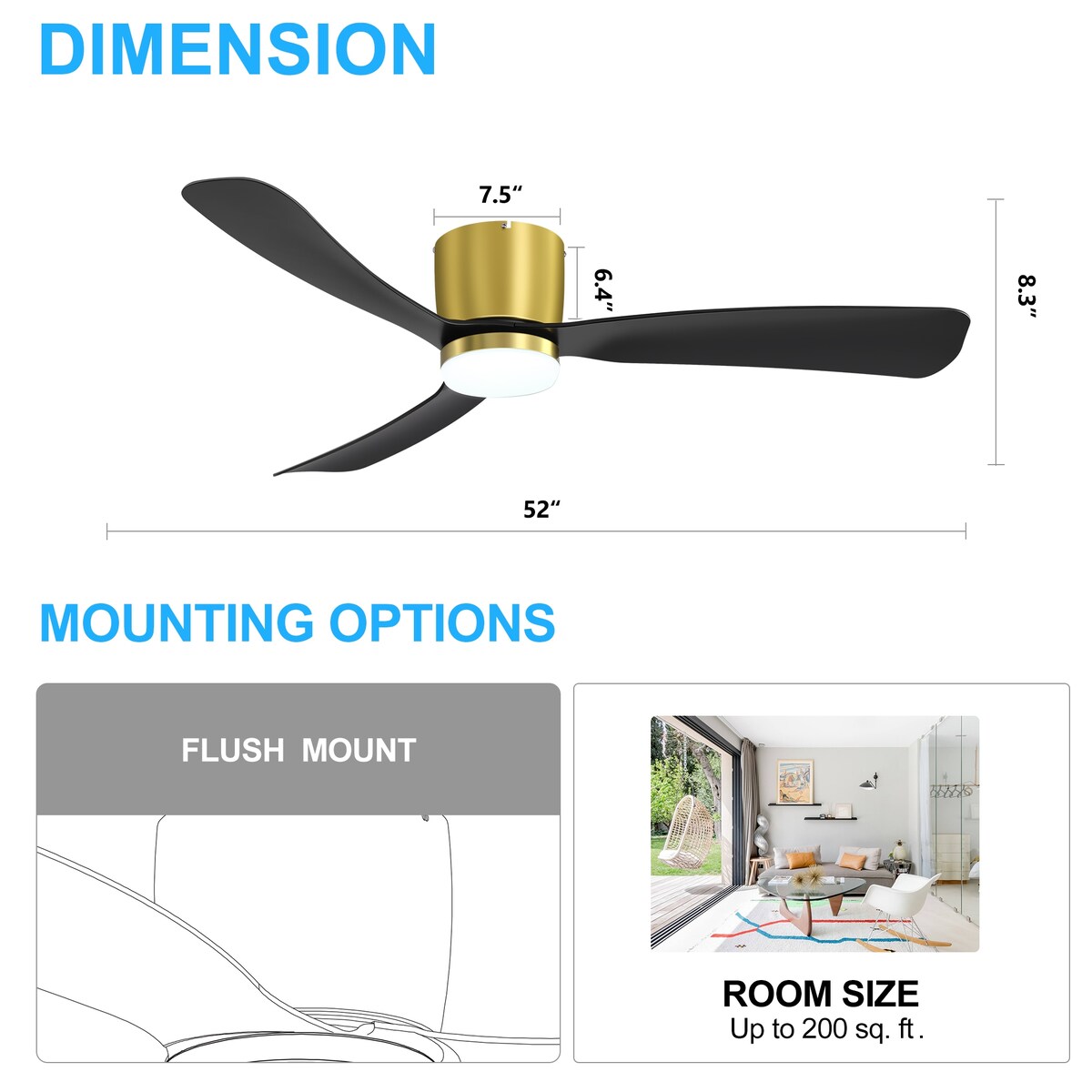 Ventilateur de plafond encastré à DEL noir/blanc de 52 pouces avec télécommande (3 pales)