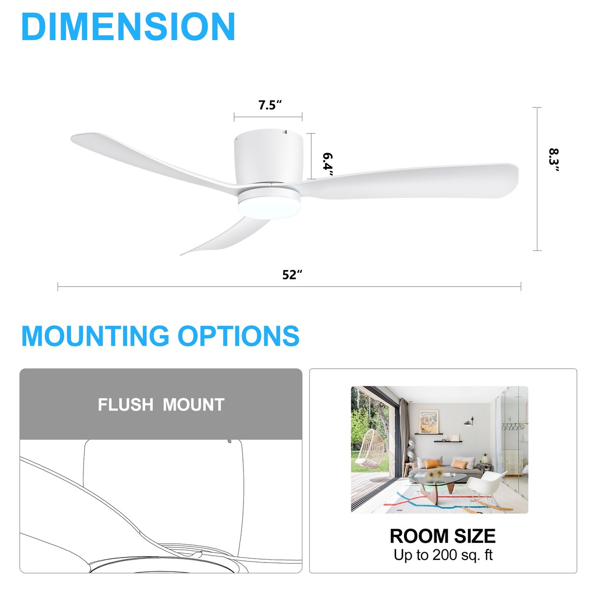 Ventilateur de plafond encastré à DEL noir/blanc de 52 pouces avec télécommande (3 pales)