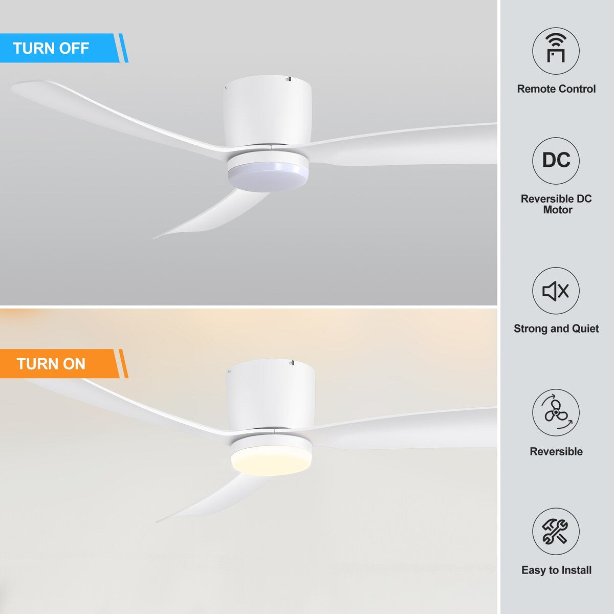 Ventilateur de plafond encastré à DEL noir/blanc de 52 pouces avec télécommande (3 pales)