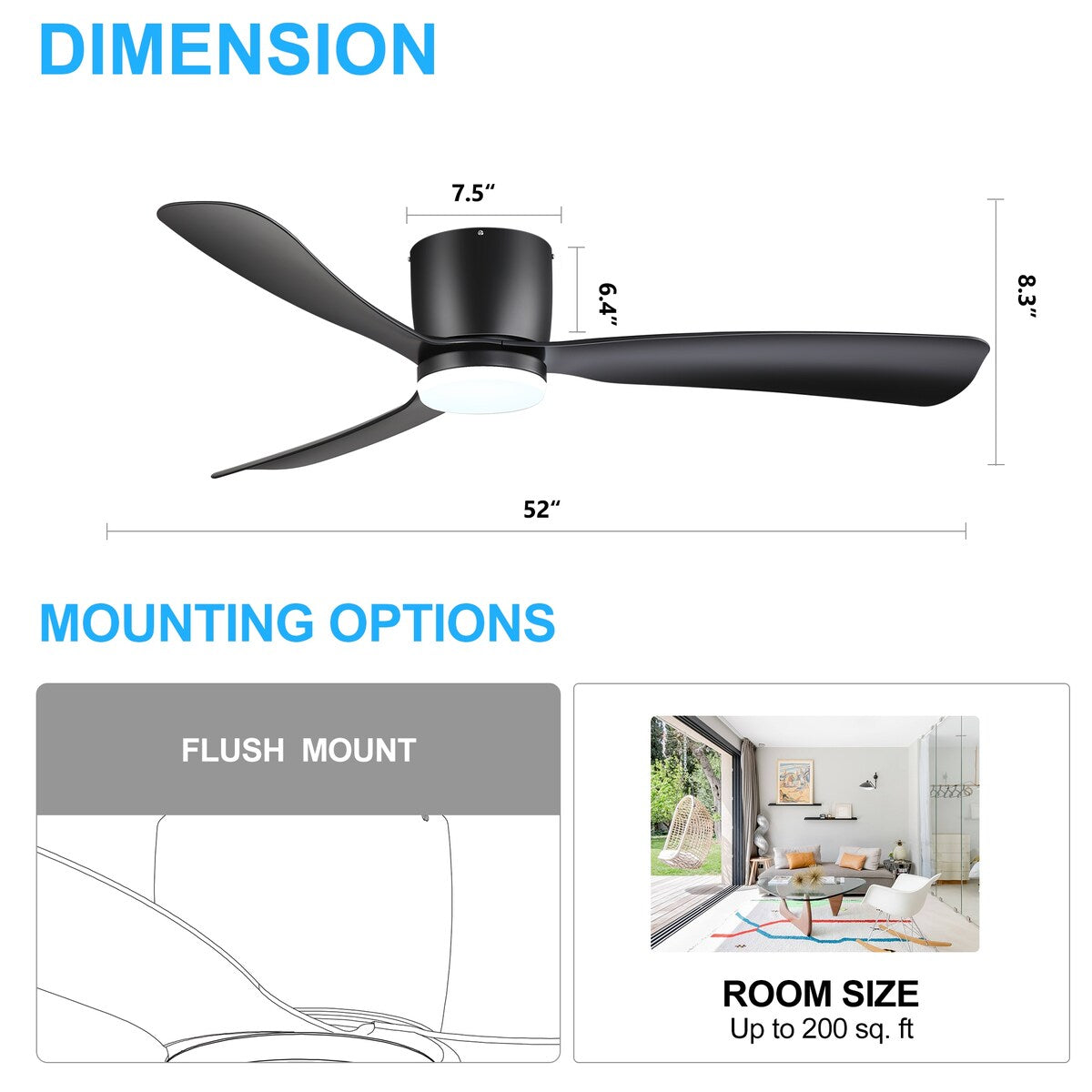 Ventilateur de plafond encastré à DEL noir/blanc de 52 pouces avec télécommande (3 pales)
