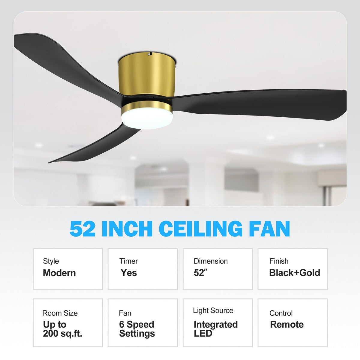 Ventilateur de plafond encastré à DEL noir/blanc de 52 pouces avec télécommande (3 pales)