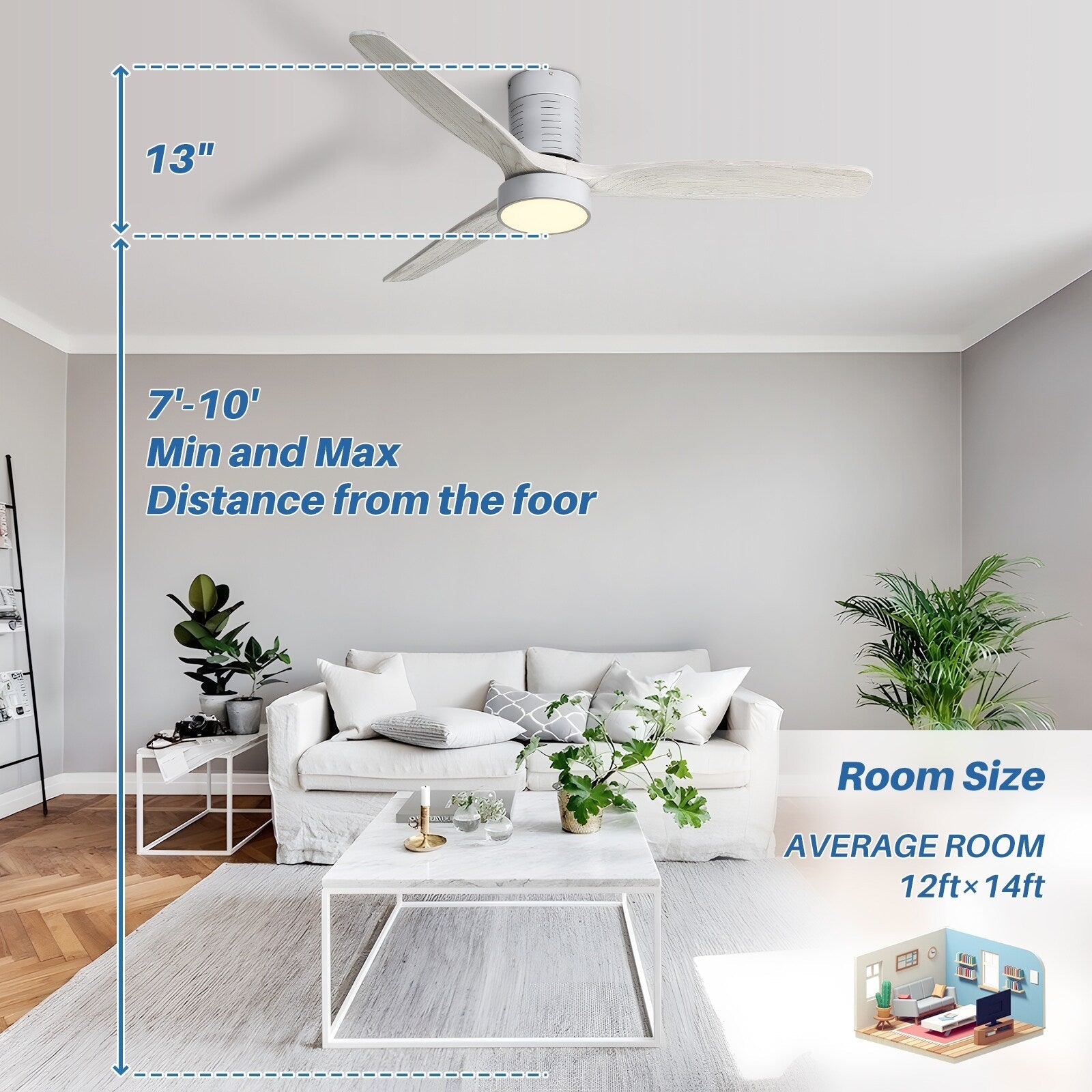 Ventilateur de plafond encastré de style campagnard de 52 pouces avec éclairage et télécommande, moteur CC réversible