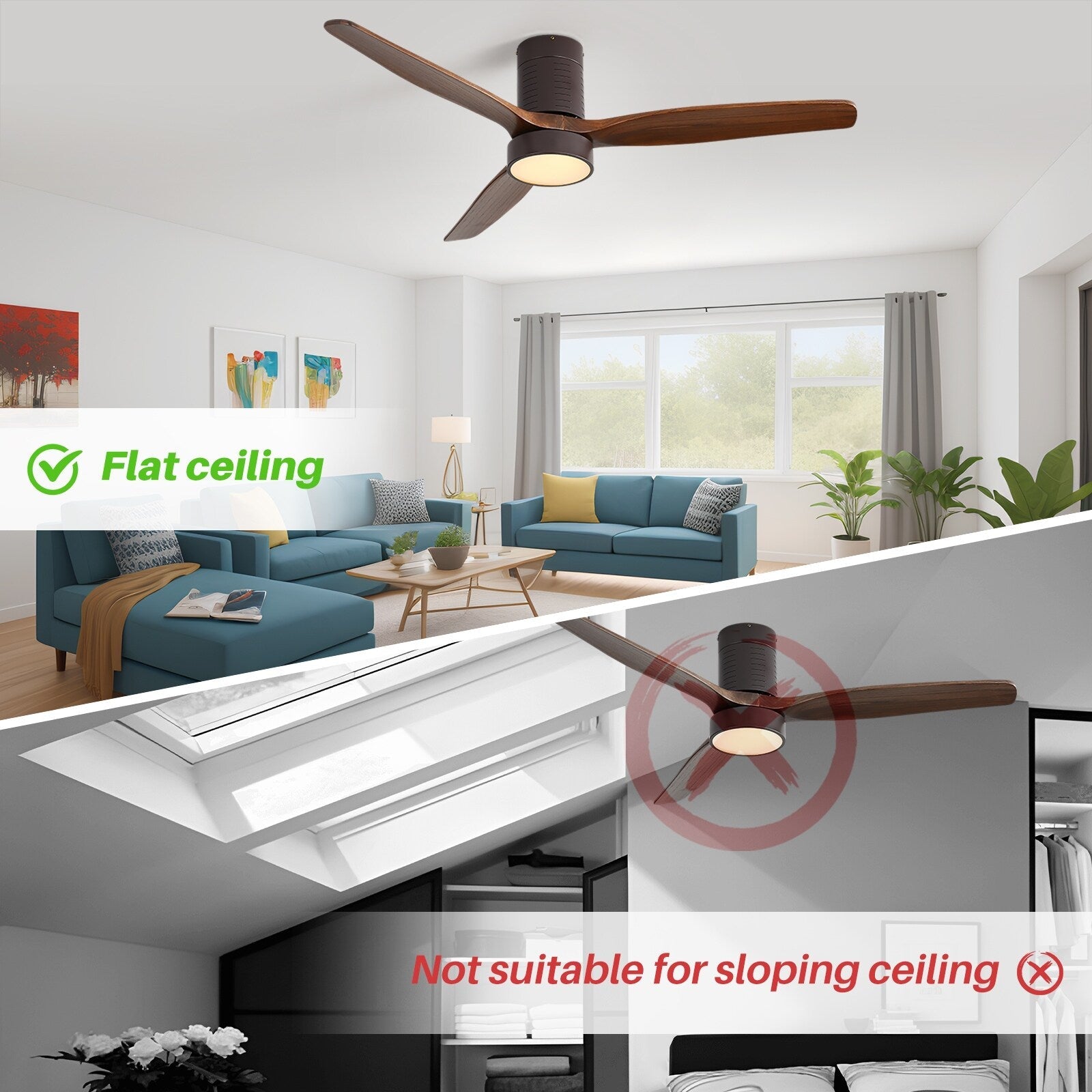 Ventilateur de plafond encastré de style campagnard de 52 pouces avec éclairage et télécommande, moteur CC réversible