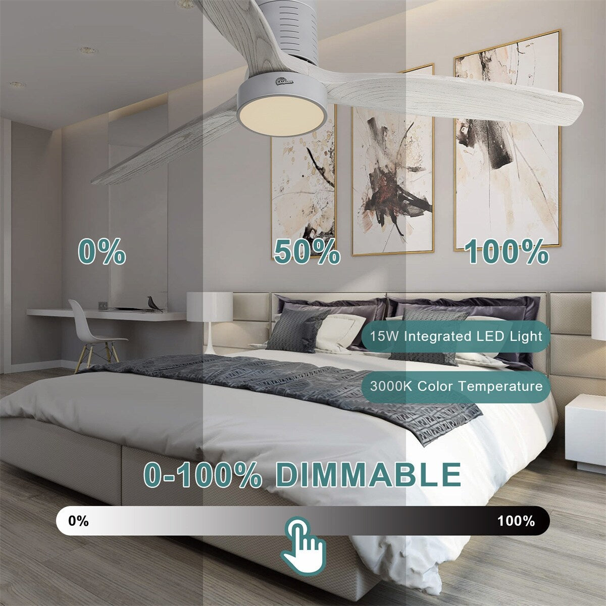 Ventilateur de plafond encastré de style campagnard de 52 pouces avec éclairage et télécommande, moteur CC réversible