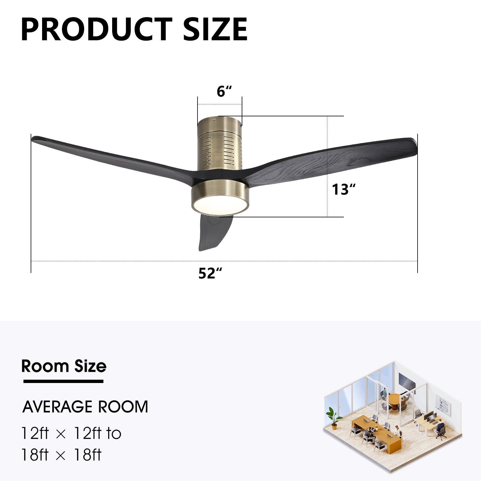 Ventilateur de plafond encastré de style campagnard de 52 pouces avec éclairage et télécommande, moteur CC réversible