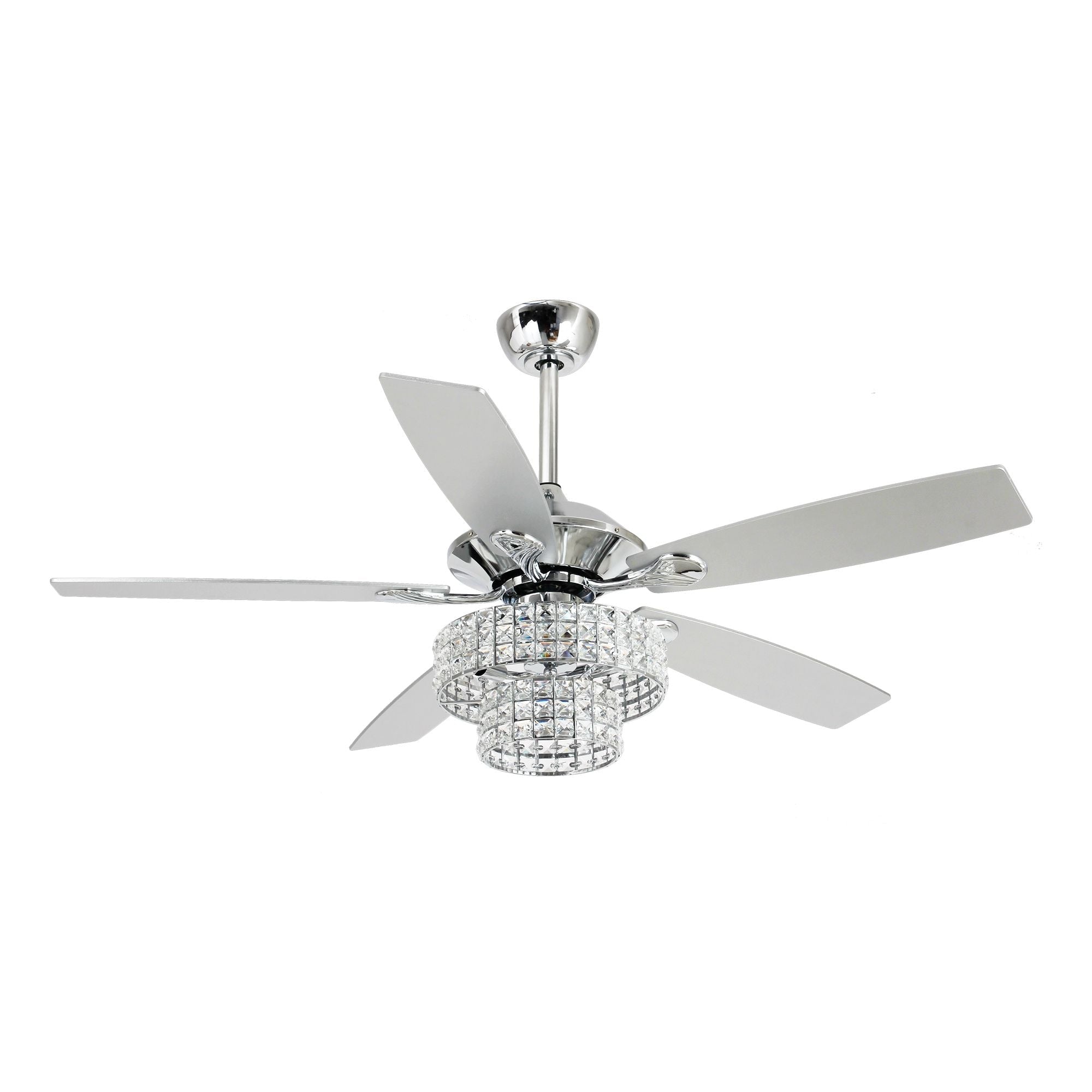 Ventilateur de plafond moderne en cristal et bois chromé de 52 pouces, 5 pales, avec télécommande