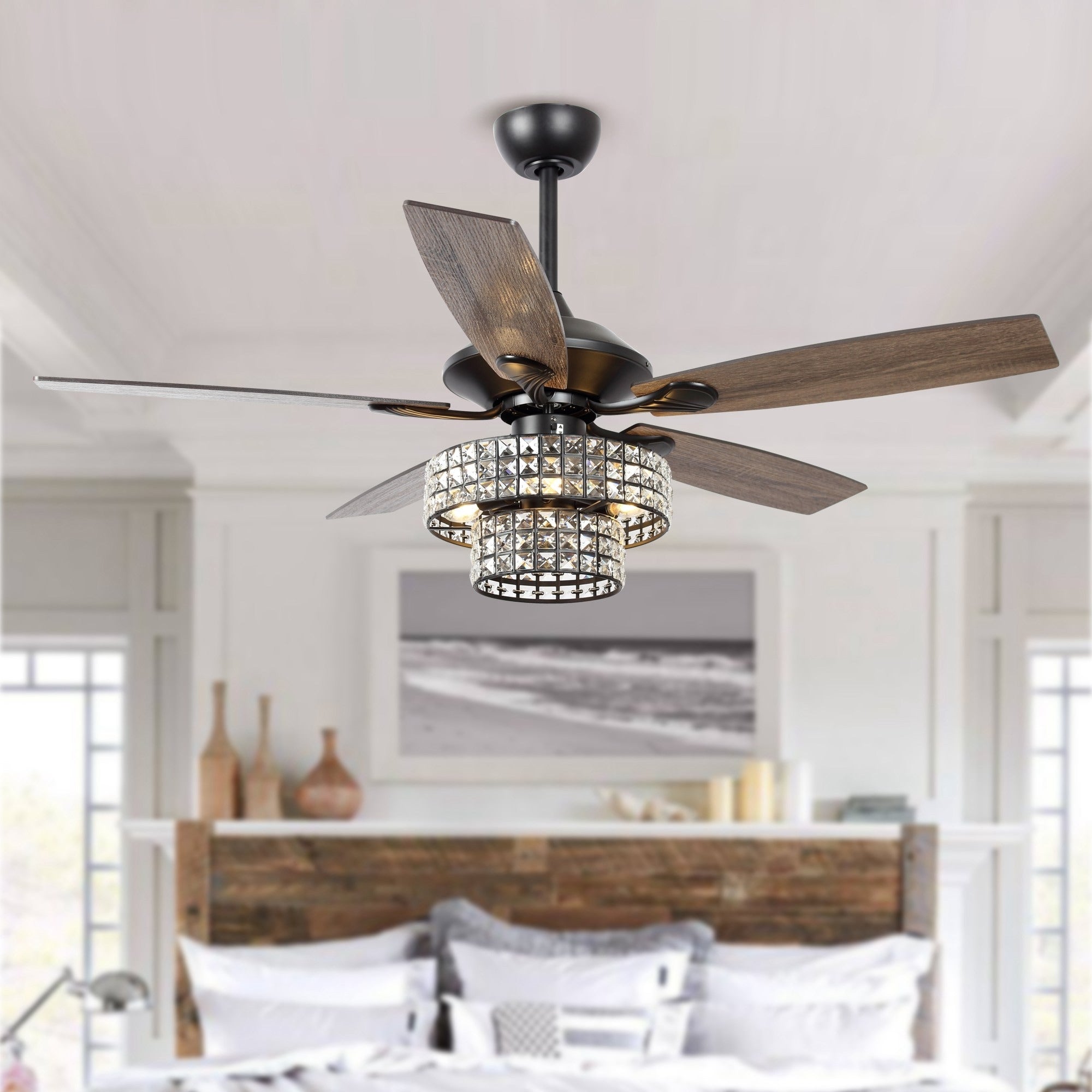 Ventilateur de plafond moderne en cristal et bois chromé de 52 pouces, 5 pales, avec télécommande