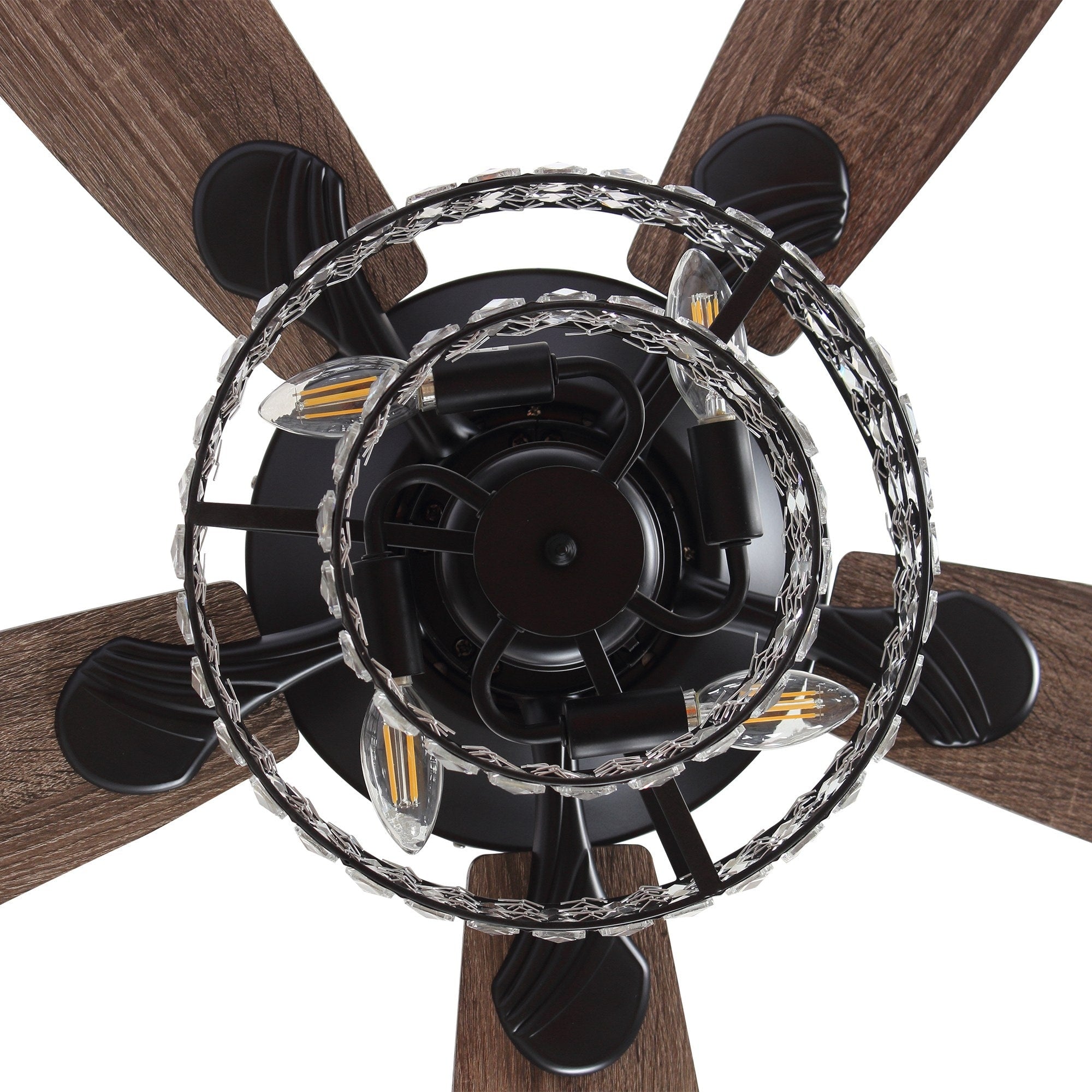 Ventilateur de plafond moderne en cristal et bois chromé de 52 pouces, 5 pales, avec télécommande