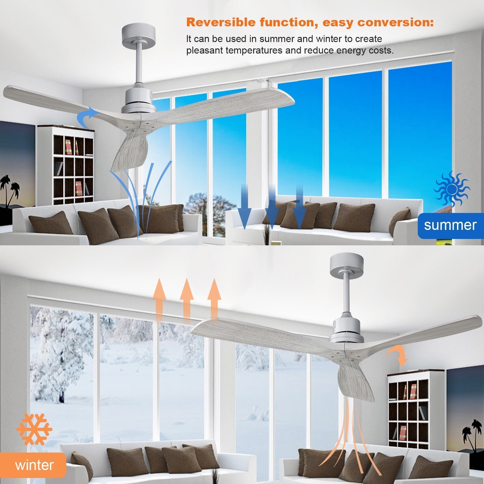 Ventilateur de plafond moderne en bois massif/ABS de 52 pouces avec télécommande (sans lumière), 6 vitesses de vent, flux d'air réversible