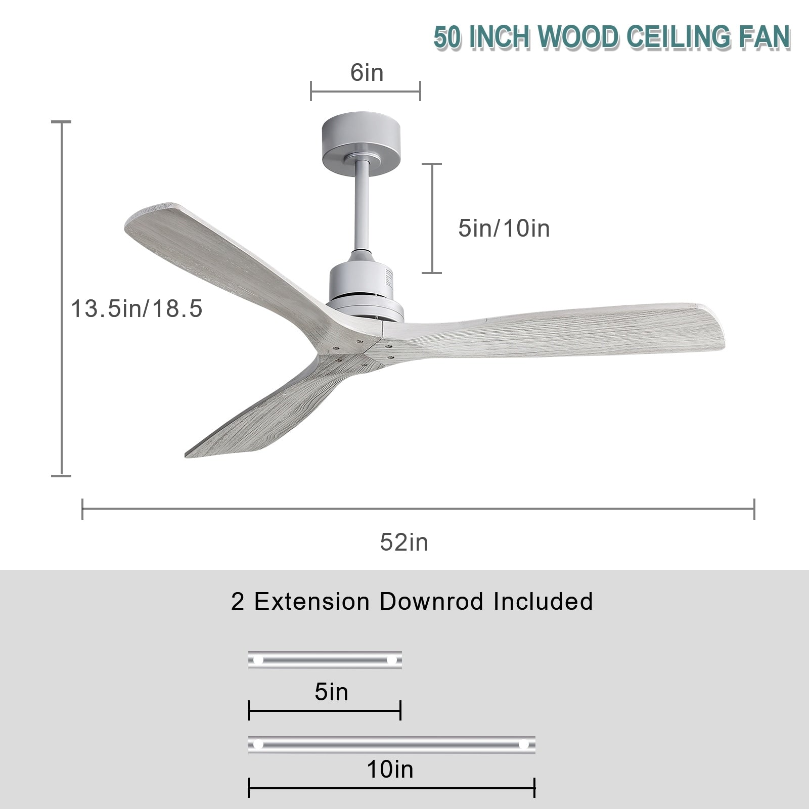 Ventilateur de plafond moderne en bois massif/ABS de 52 pouces avec télécommande (sans lumière), 6 vitesses de vent, flux d'air réversible