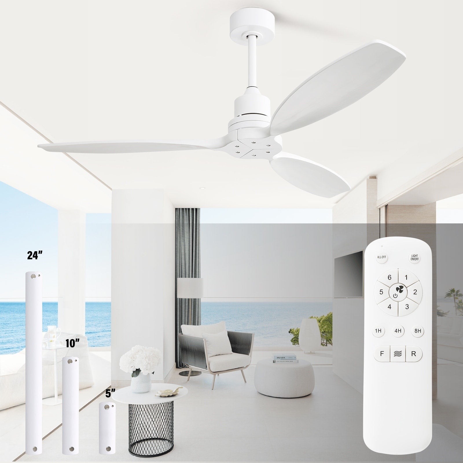 Ventilateur de plafond moderne en bois massif/ABS de 52 pouces avec télécommande (sans lumière), 6 vitesses de vent, flux d'air réversible