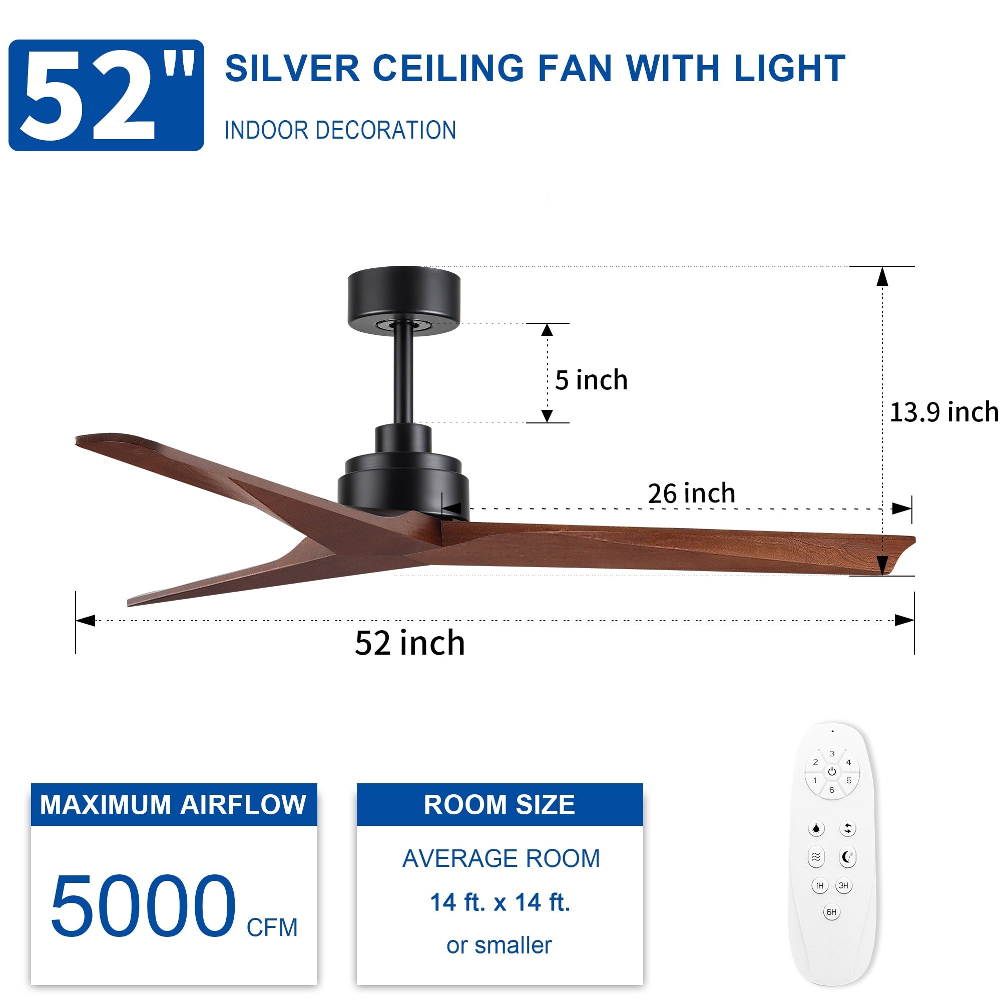 Ventilateur de plafond moderne en bois massif/ABS de 52 pouces avec télécommande (sans lumière), 6 vitesses de vent, flux d'air réversible