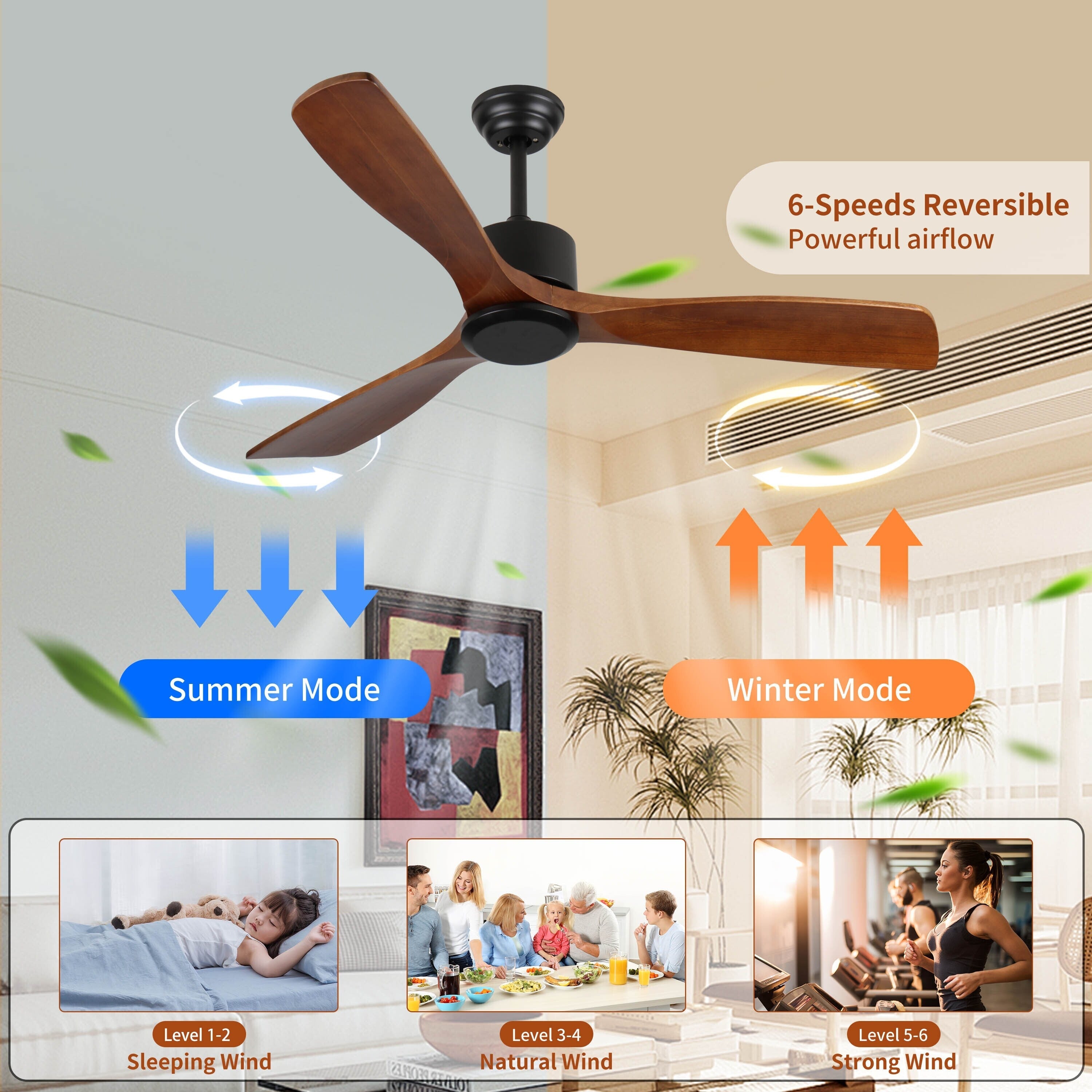 Ventilateur de plafond moderne en bois massif/ABS de 52 pouces avec télécommande (sans lumière), 6 vitesses de vent, flux d'air réversible