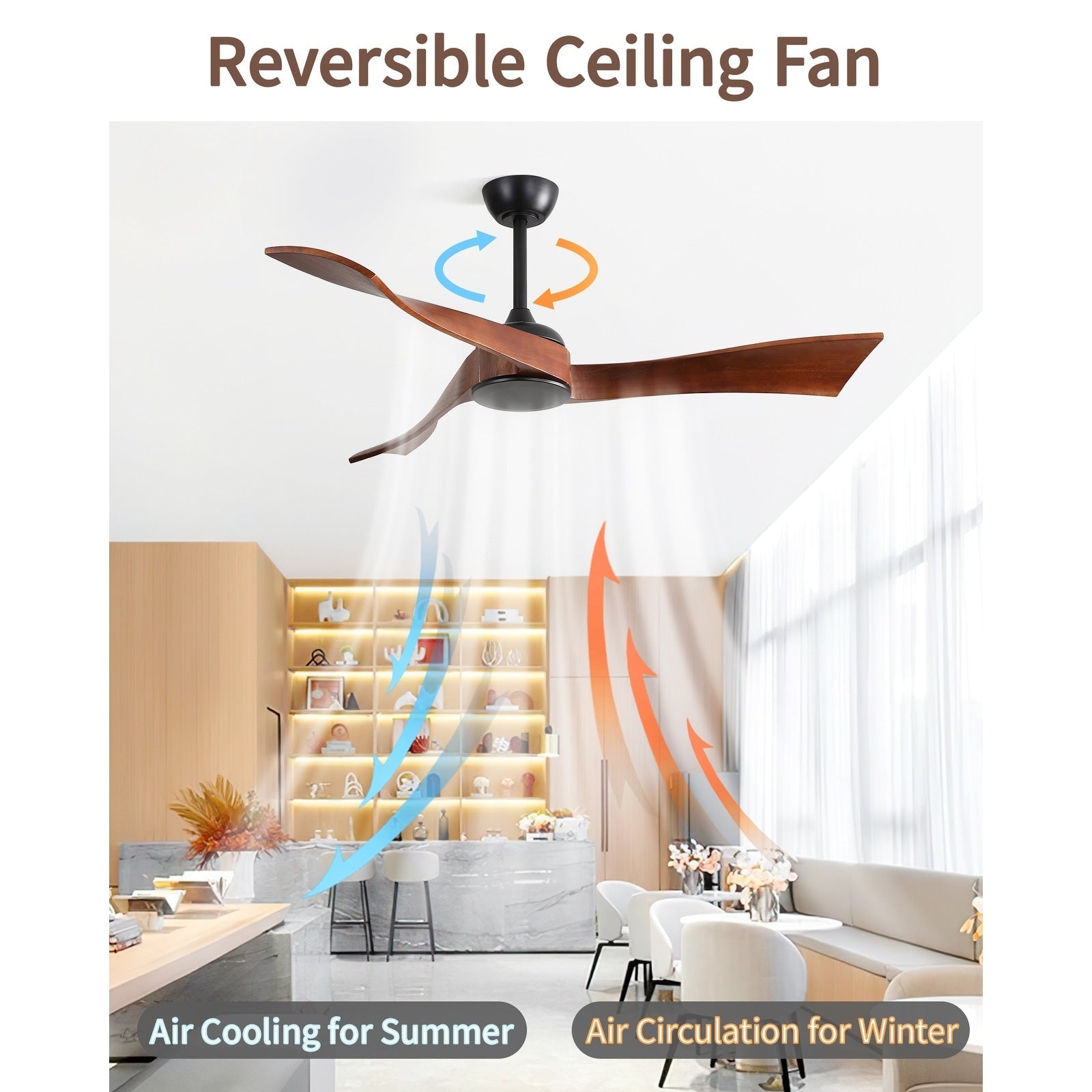 Ventilateur de plafond moderne en bois massif/ABS de 52 pouces avec télécommande (sans lumière), 6 vitesses de vent, flux d'air réversible