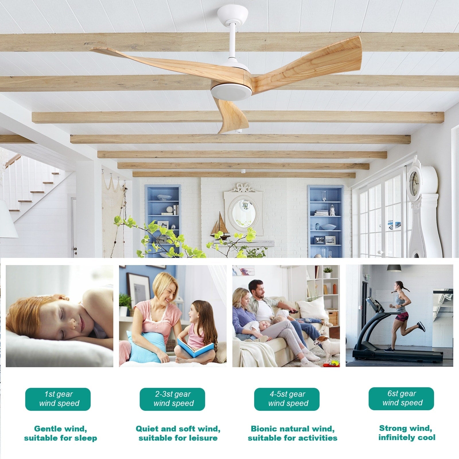 Ventilateur de plafond moderne en bois massif/ABS de 52 pouces avec télécommande (sans lumière), 6 vitesses de vent, flux d'air réversible