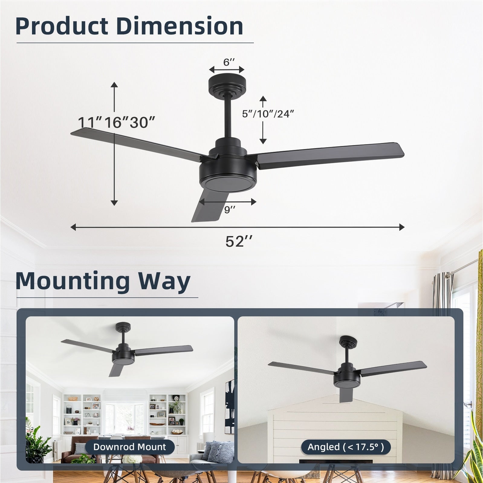 Ventilateur de plafond moderne en bois massif/ABS de 52 pouces avec télécommande (sans lumière), 6 vitesses de vent, flux d'air réversible