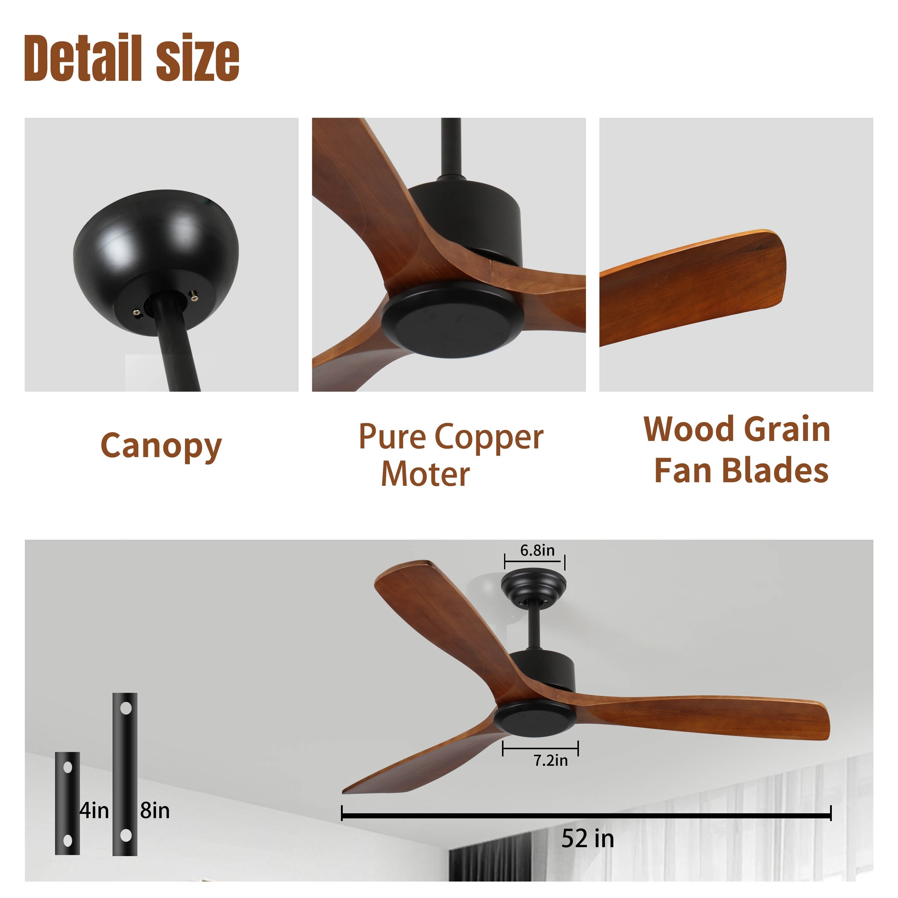Ventilateur de plafond moderne en bois massif/ABS de 52 pouces avec télécommande (sans lumière), 6 vitesses de vent, flux d'air réversible