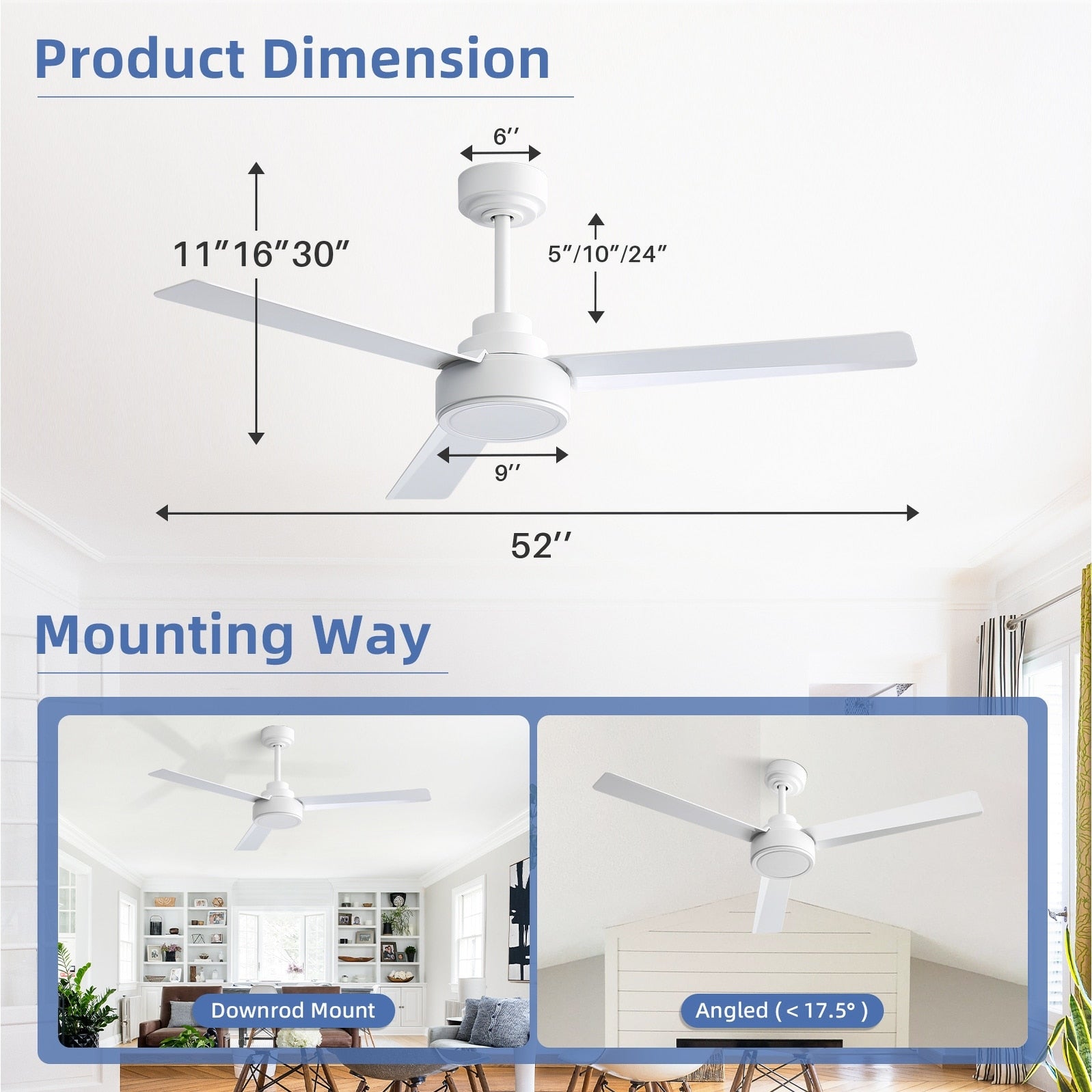Ventilateur de plafond moderne en bois massif/ABS de 52 pouces avec télécommande (sans lumière), 6 vitesses de vent, flux d'air réversible