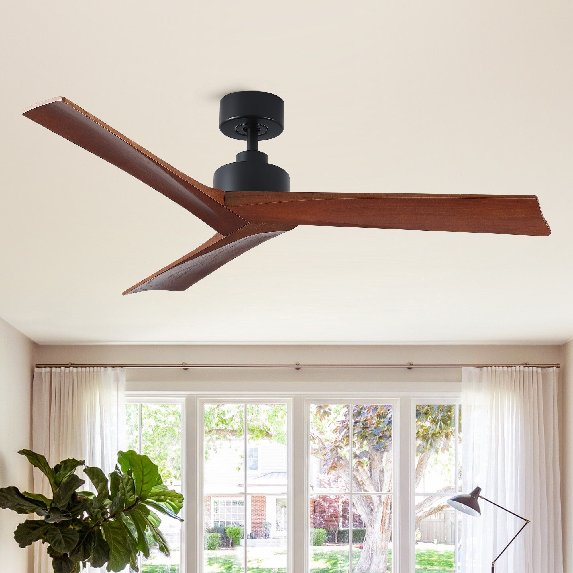 Ventilateur de plafond moderne en bois massif/ABS de 52 pouces avec télécommande (sans lumière), 6 vitesses de vent, flux d'air réversible