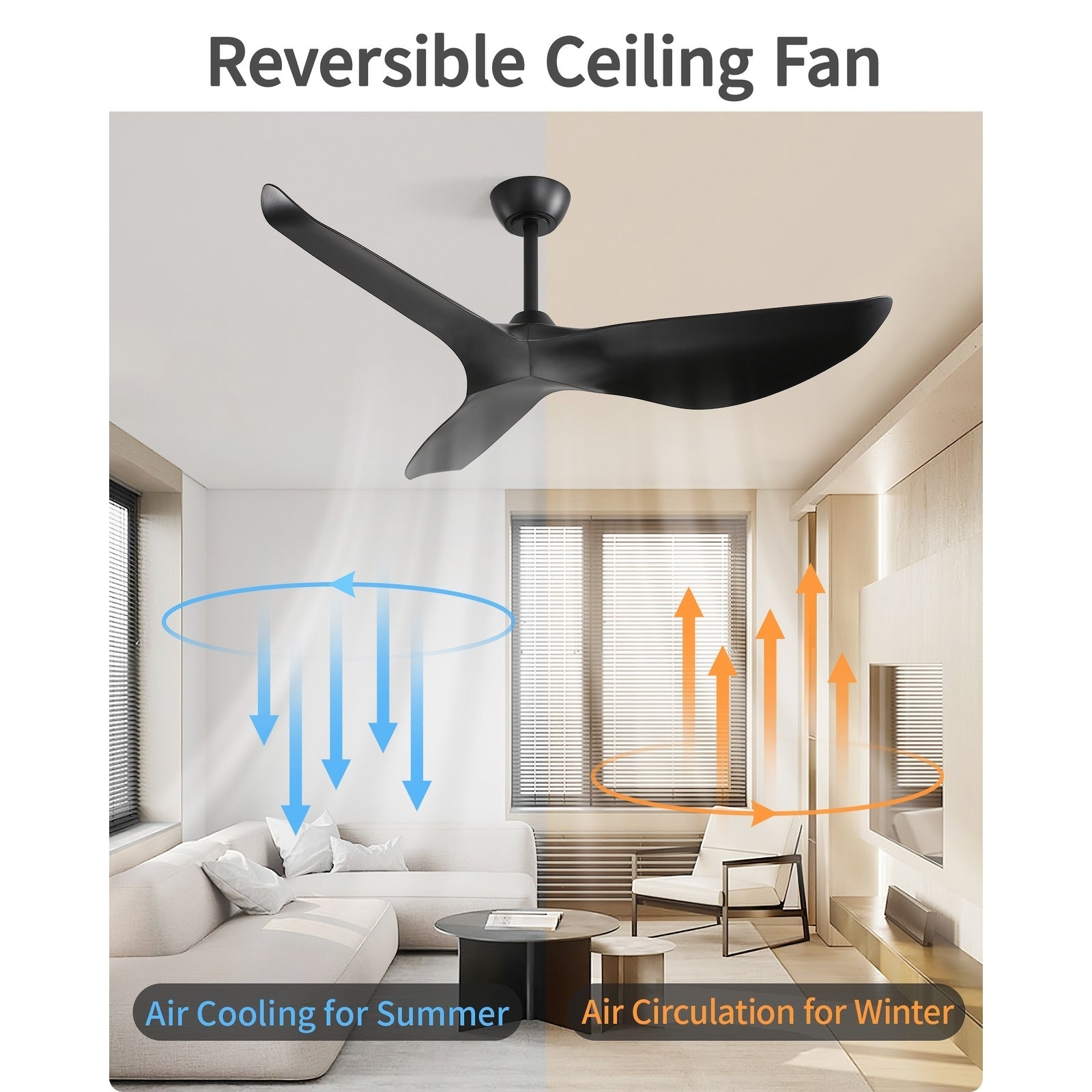 Ventilateur de plafond moderne en bois massif/ABS de 52 pouces avec télécommande (sans lumière), 6 vitesses de vent, flux d'air réversible