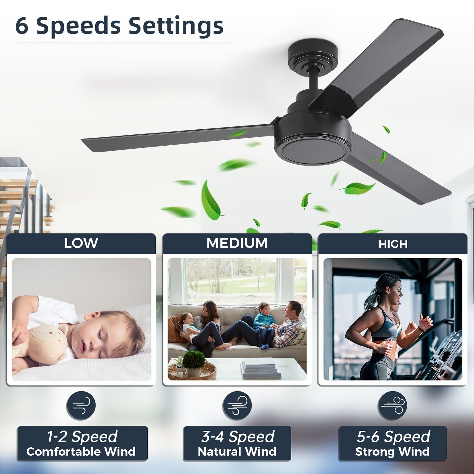 Ventilateur de plafond moderne en bois massif/ABS de 52 pouces avec télécommande (sans lumière), 6 vitesses de vent, flux d'air réversible