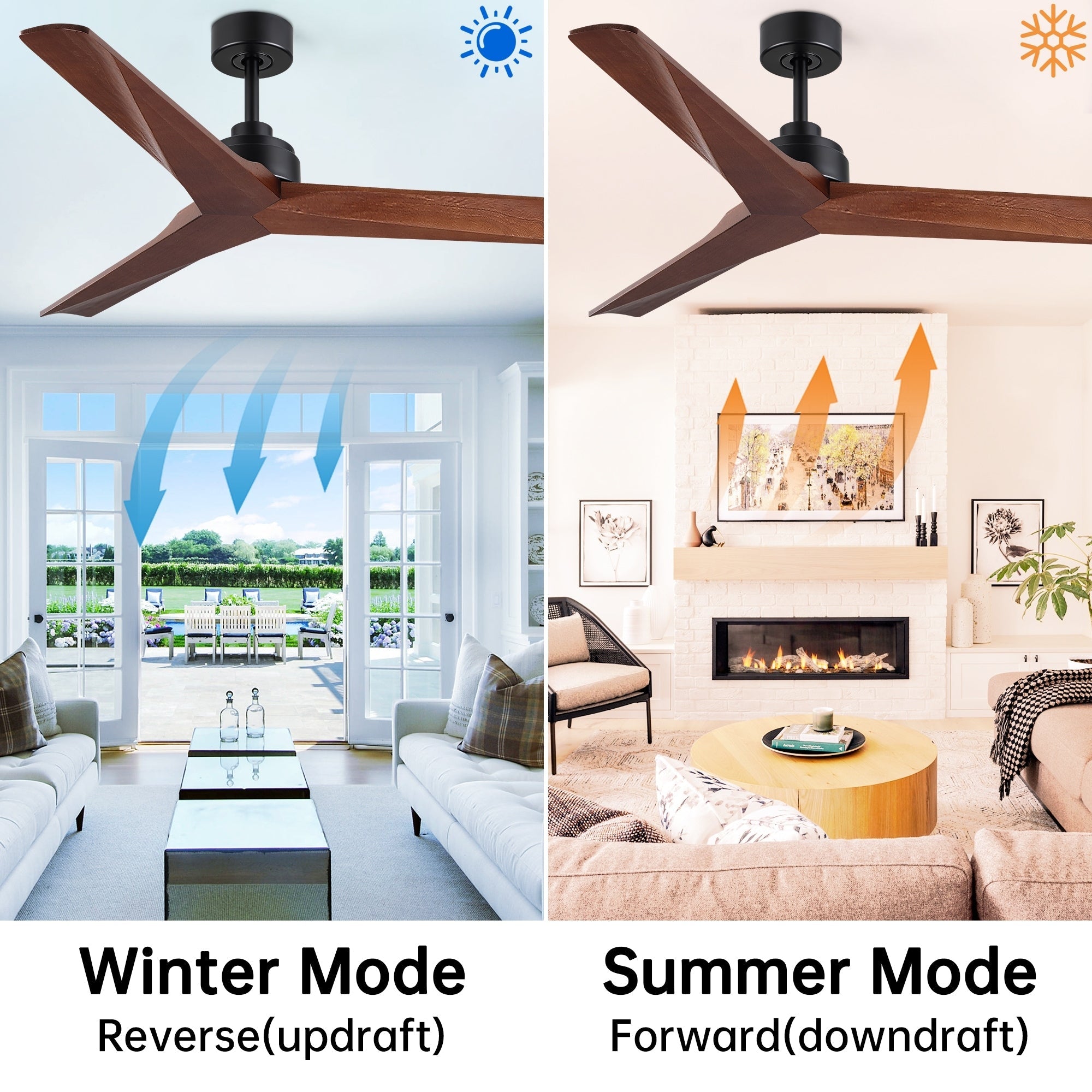 Ventilateur de plafond moderne en bois massif/ABS de 52 pouces avec télécommande (sans lumière), 6 vitesses de vent, flux d'air réversible