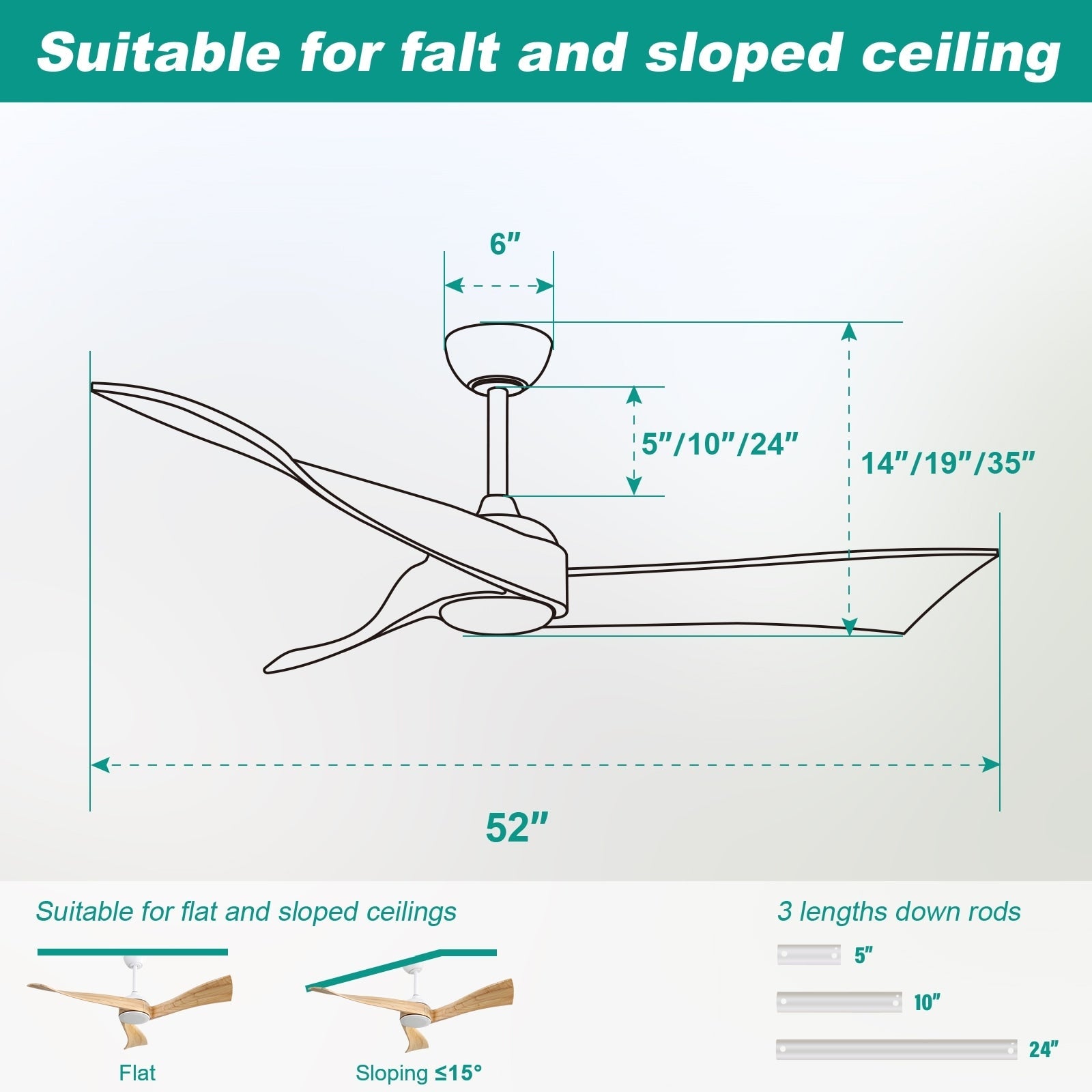Ventilateur de plafond moderne en bois massif/ABS de 52 pouces avec télécommande (sans lumière), 6 vitesses de vent, flux d'air réversible