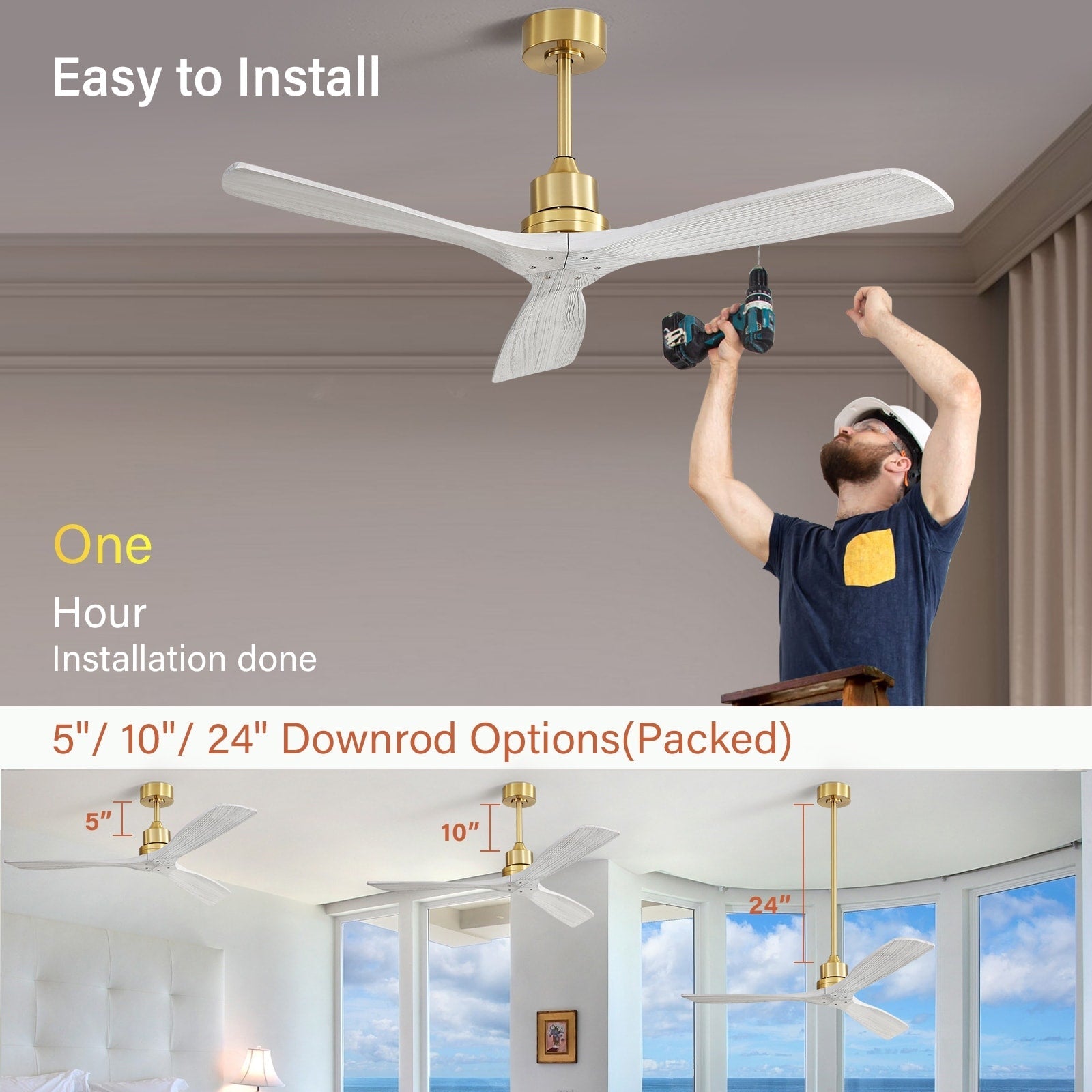 Ventilateur de plafond moderne en bois massif/ABS de 52 pouces avec télécommande (sans lumière), 6 vitesses de vent, flux d'air réversible