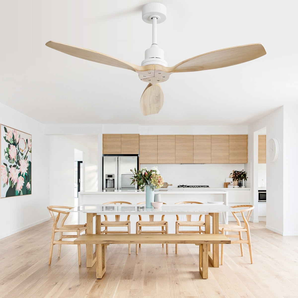 Ventilateur de plafond moderne en bois massif/ABS de 52 pouces avec télécommande (sans lumière), 6 vitesses de vent, flux d'air réversible