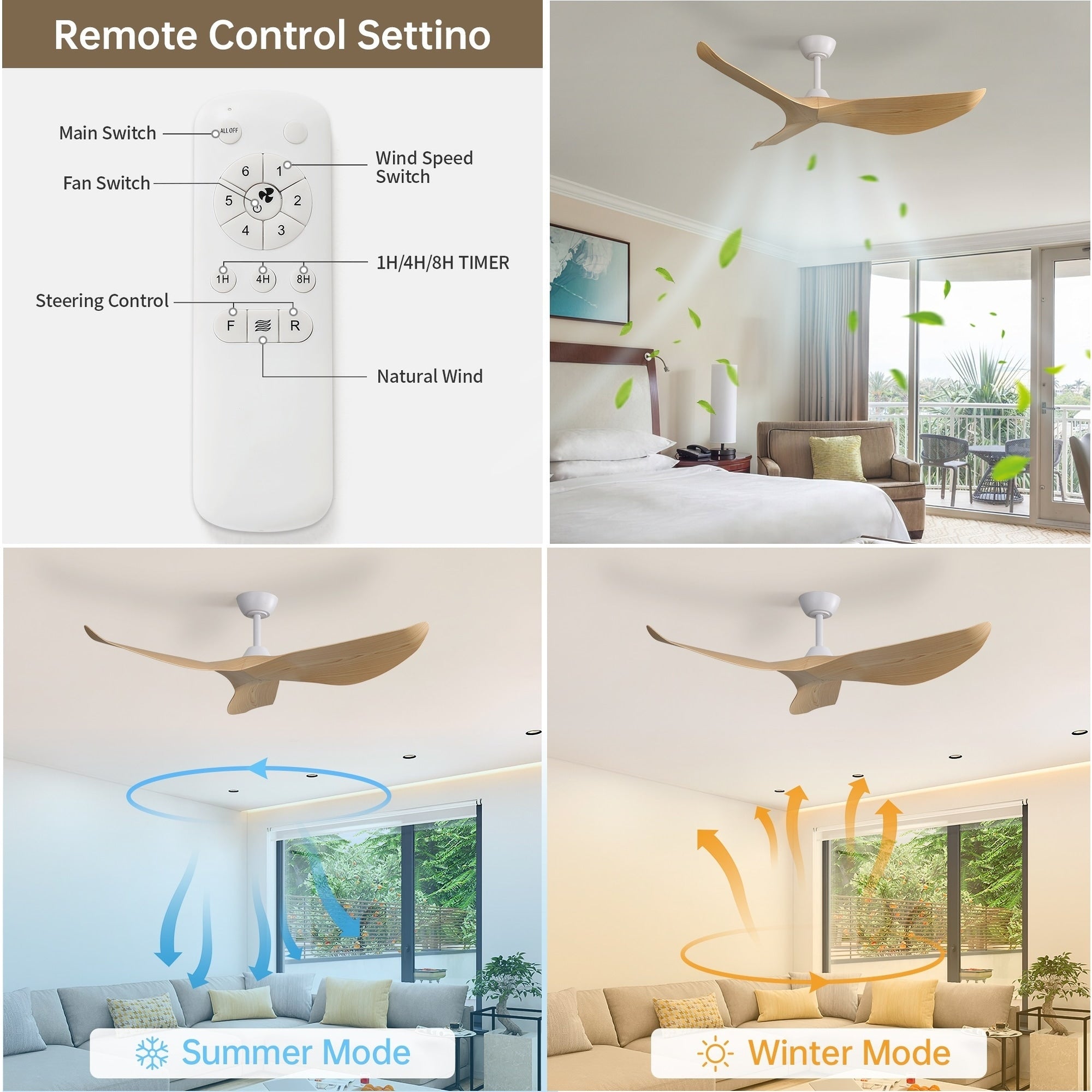 Ventilateur de plafond moderne en bois massif/ABS de 52 pouces avec télécommande (sans lumière), 6 vitesses de vent, flux d'air réversible