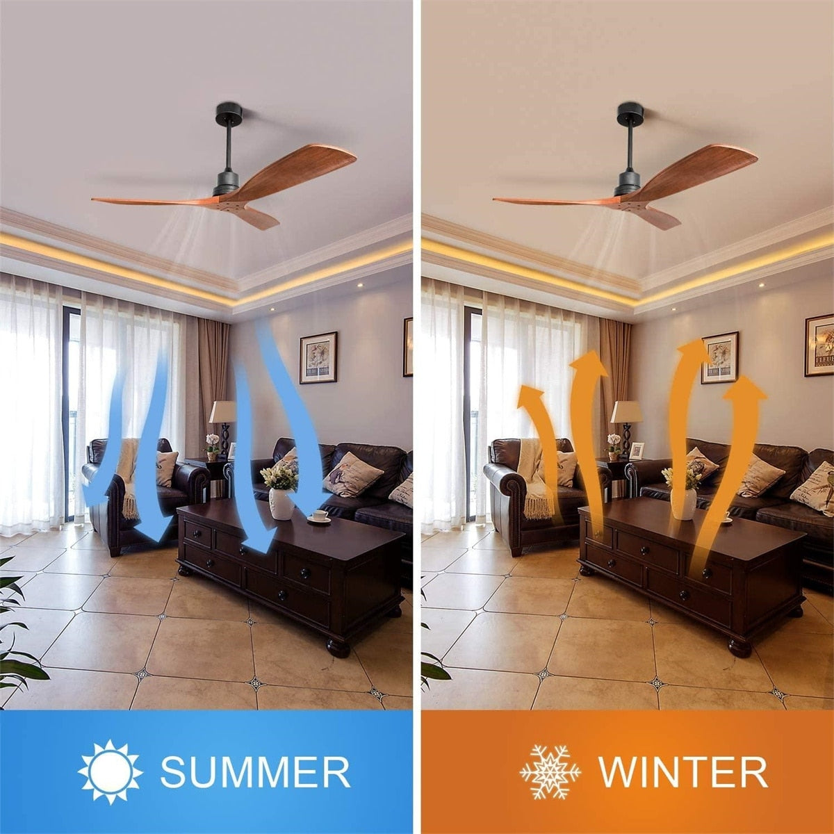 Ventilateur de plafond moderne en bois massif/ABS de 52 pouces avec télécommande (sans lumière), 6 vitesses de vent, flux d'air réversible