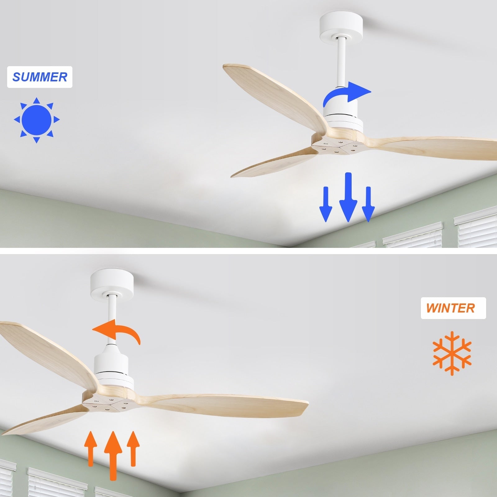 Ventilateur de plafond moderne en bois massif/ABS de 52 pouces avec télécommande (sans lumière), 6 vitesses de vent, flux d'air réversible