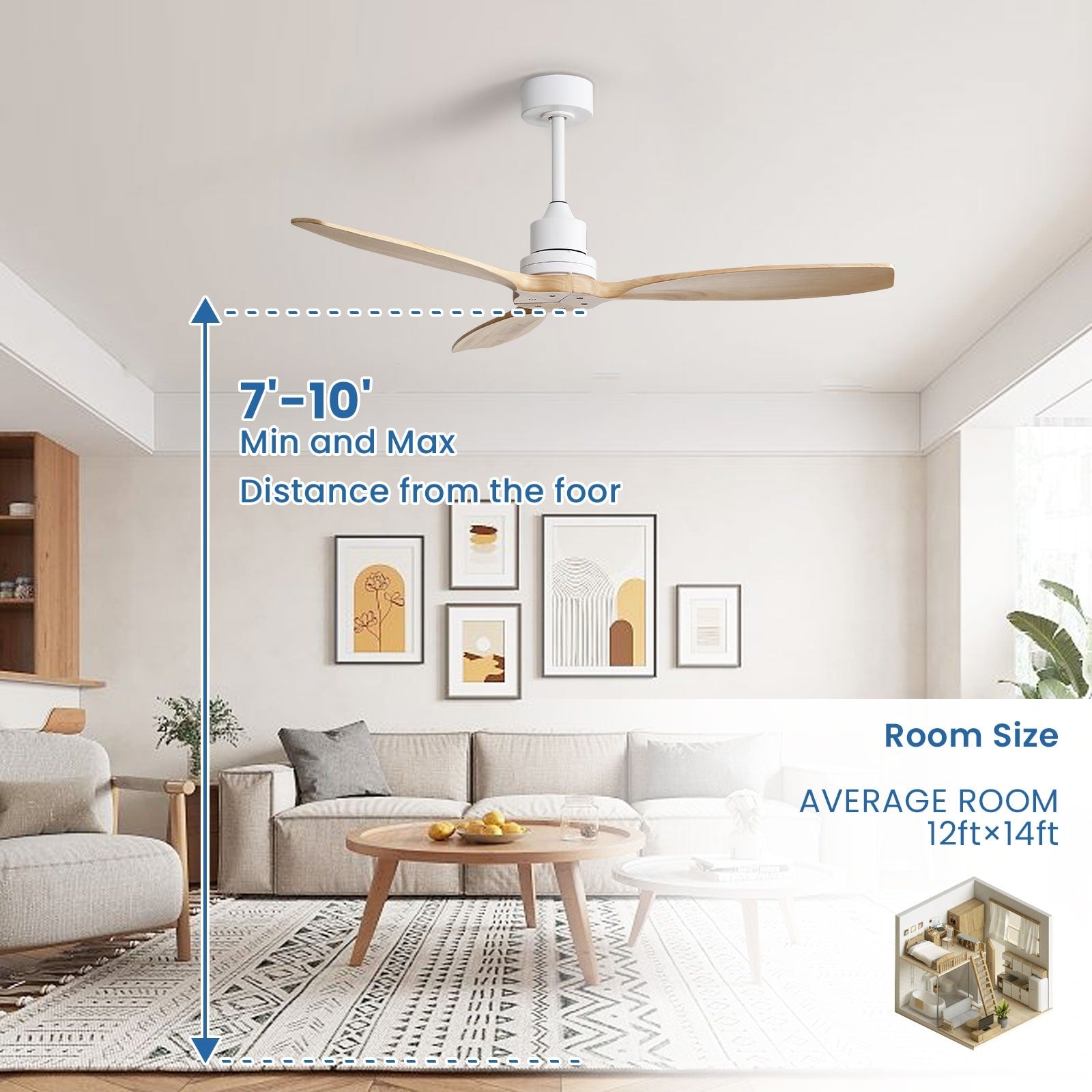 Ventilateur de plafond moderne en bois massif/ABS de 52 pouces avec télécommande (sans lumière), 6 vitesses de vent, flux d'air réversible