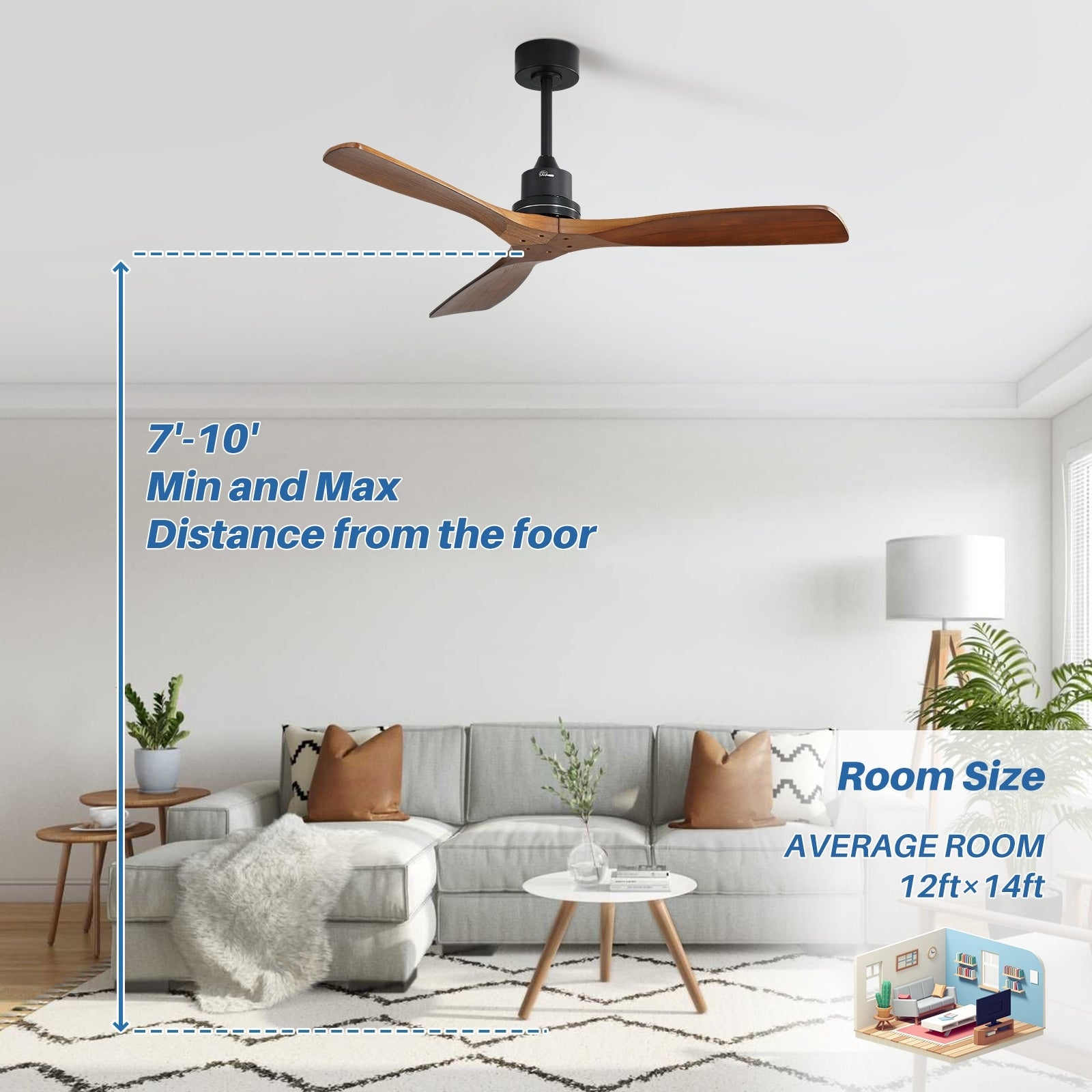 Ventilateur de plafond moderne en bois massif/ABS de 52 pouces avec télécommande (sans lumière), 6 vitesses de vent, flux d'air réversible