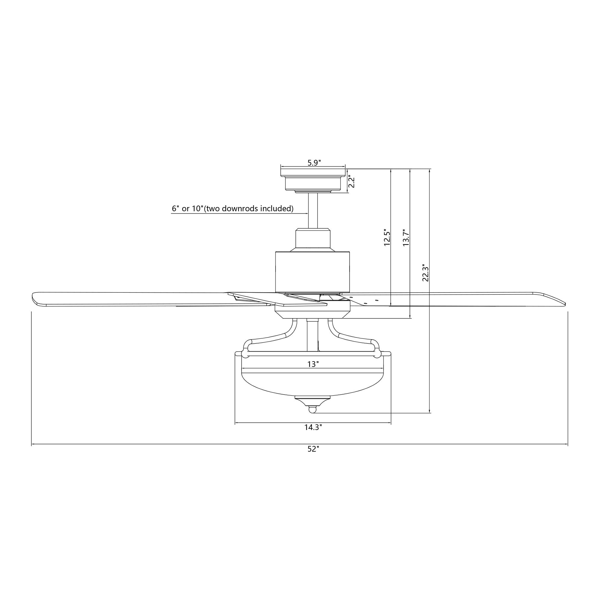 Ventilateur de plafond réversible en bois de 52 pouces, 5 pales et 3 lumières, avec télécommande