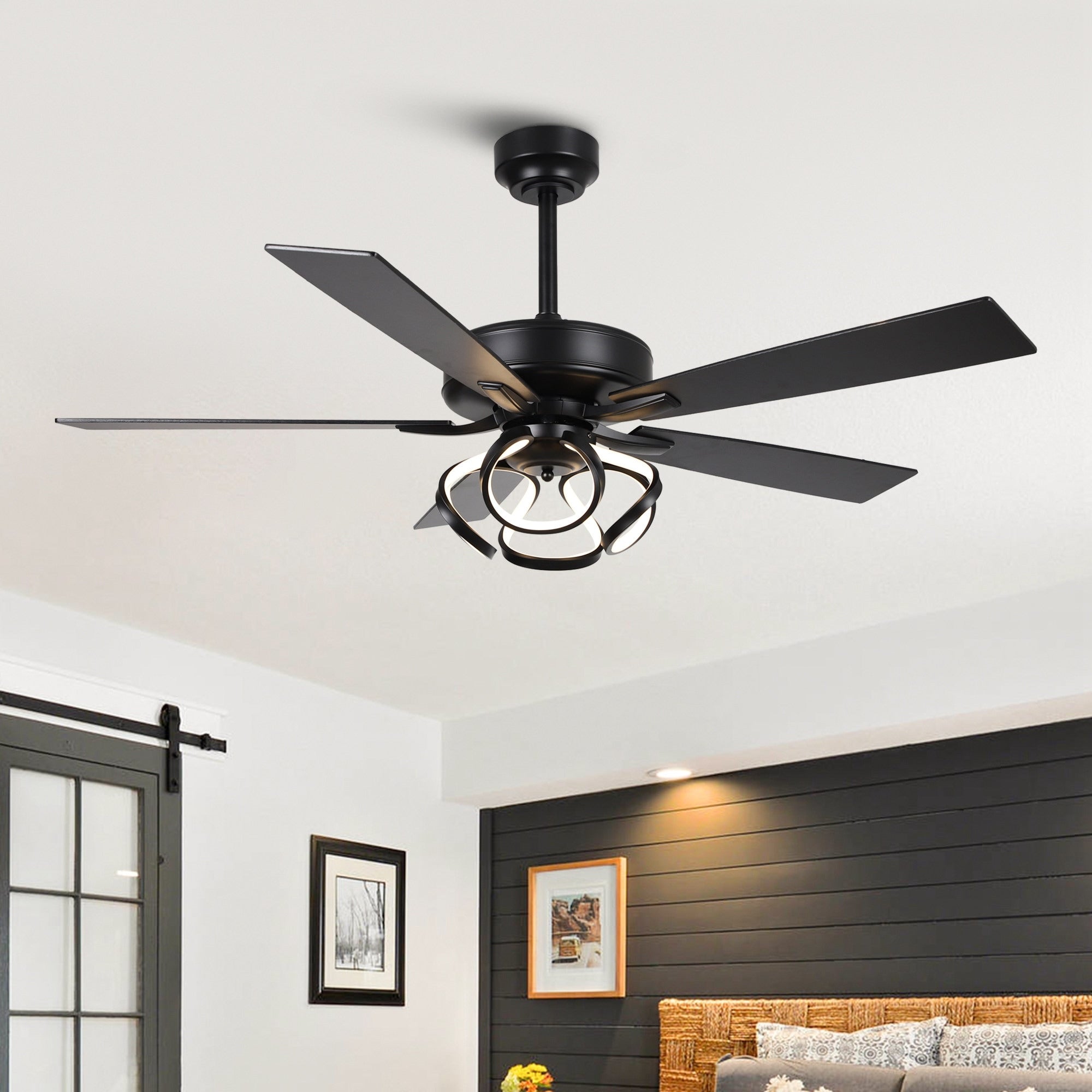 Ventilateur de plafond LED d'intérieur moderne chromé/noir à intensité variable avec lumière et télécommande