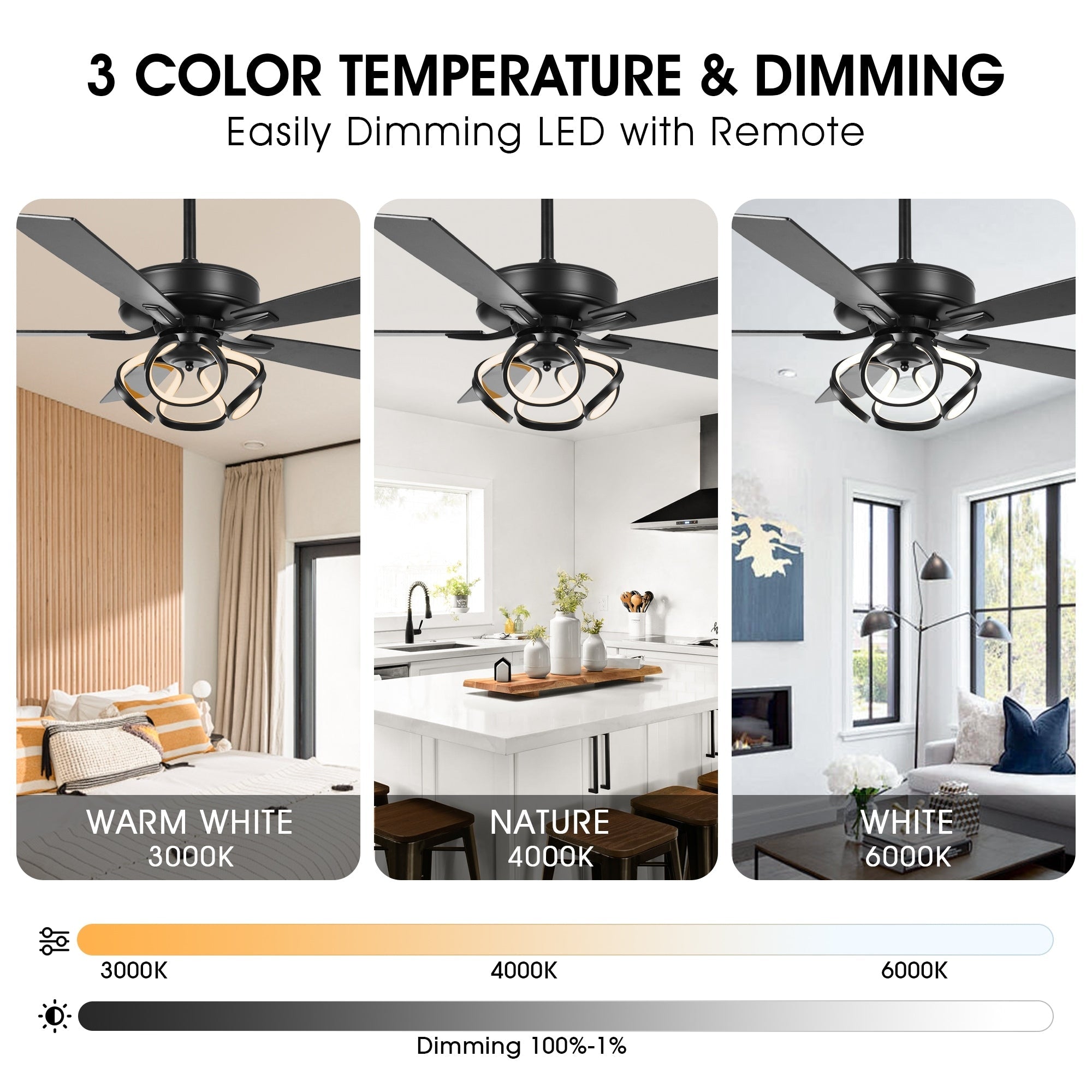 Ventilateur de plafond LED d'intérieur moderne chromé/noir à intensité variable avec lumière et télécommande