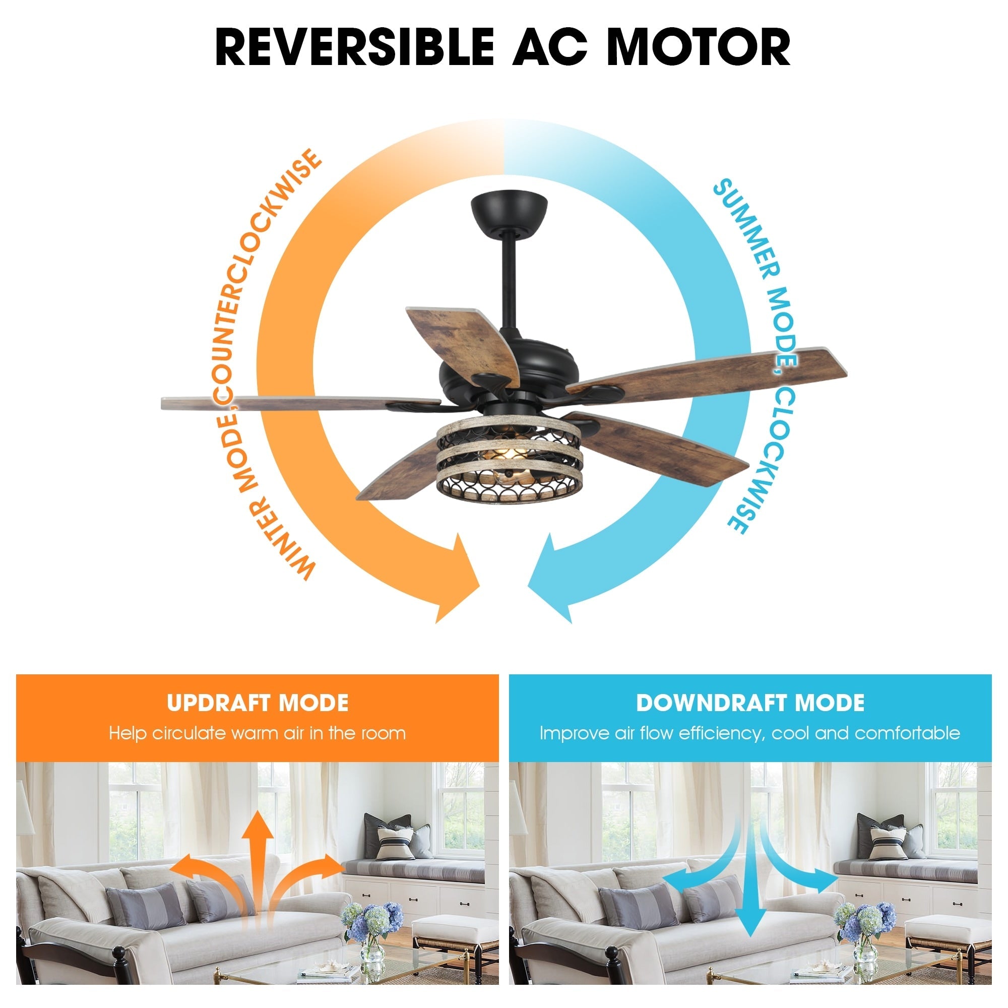 Ventilateur de plafond cage noir à 5 pales Farmhouse Driftwood avec télécommande