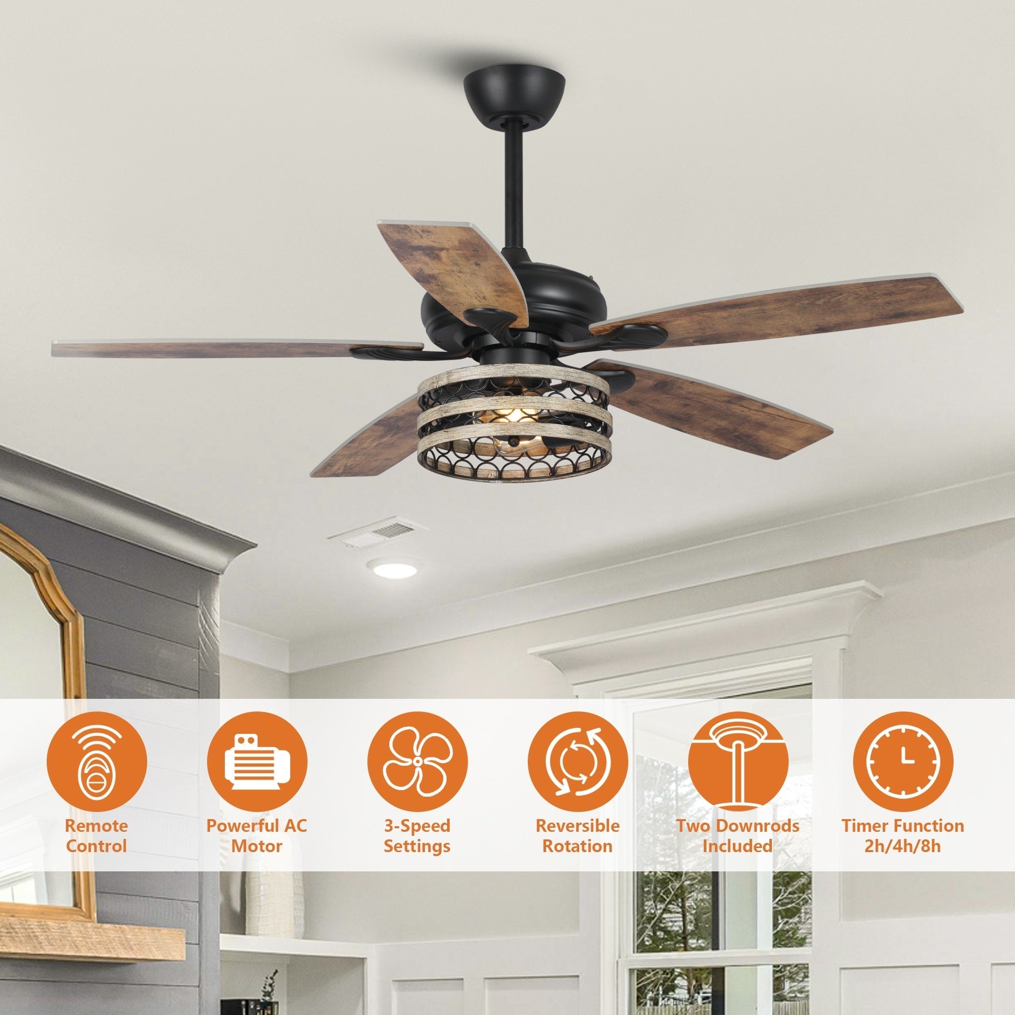 Ventilateur de plafond cage noir à 5 pales Farmhouse Driftwood avec télécommande