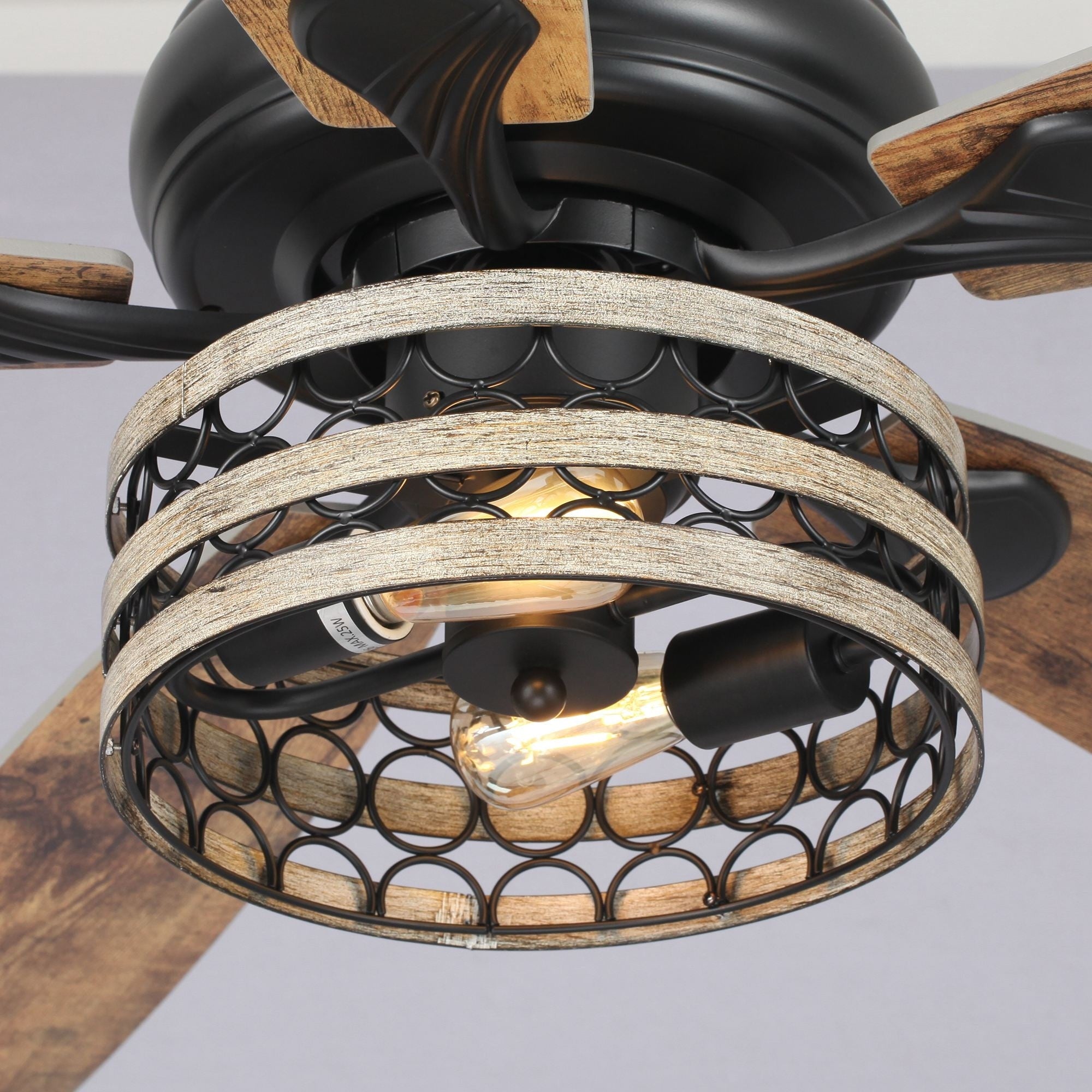 Ventilateur de plafond cage noir à 5 pales Farmhouse Driftwood avec télécommande