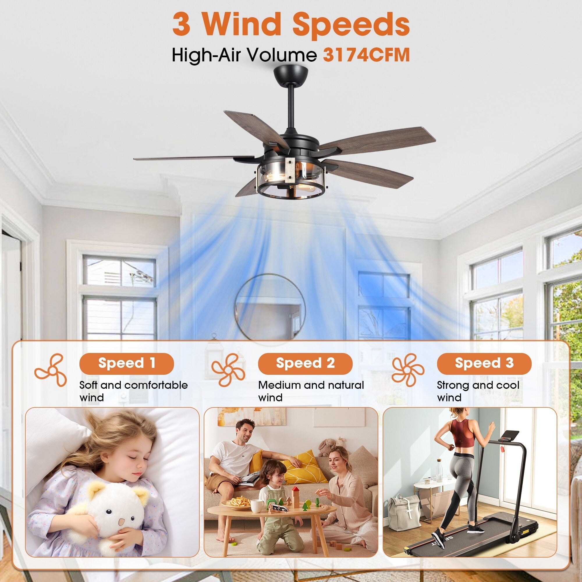 Ventilateur de plafond d'intérieur rustique en bois noir à 5 pales avec télécommande