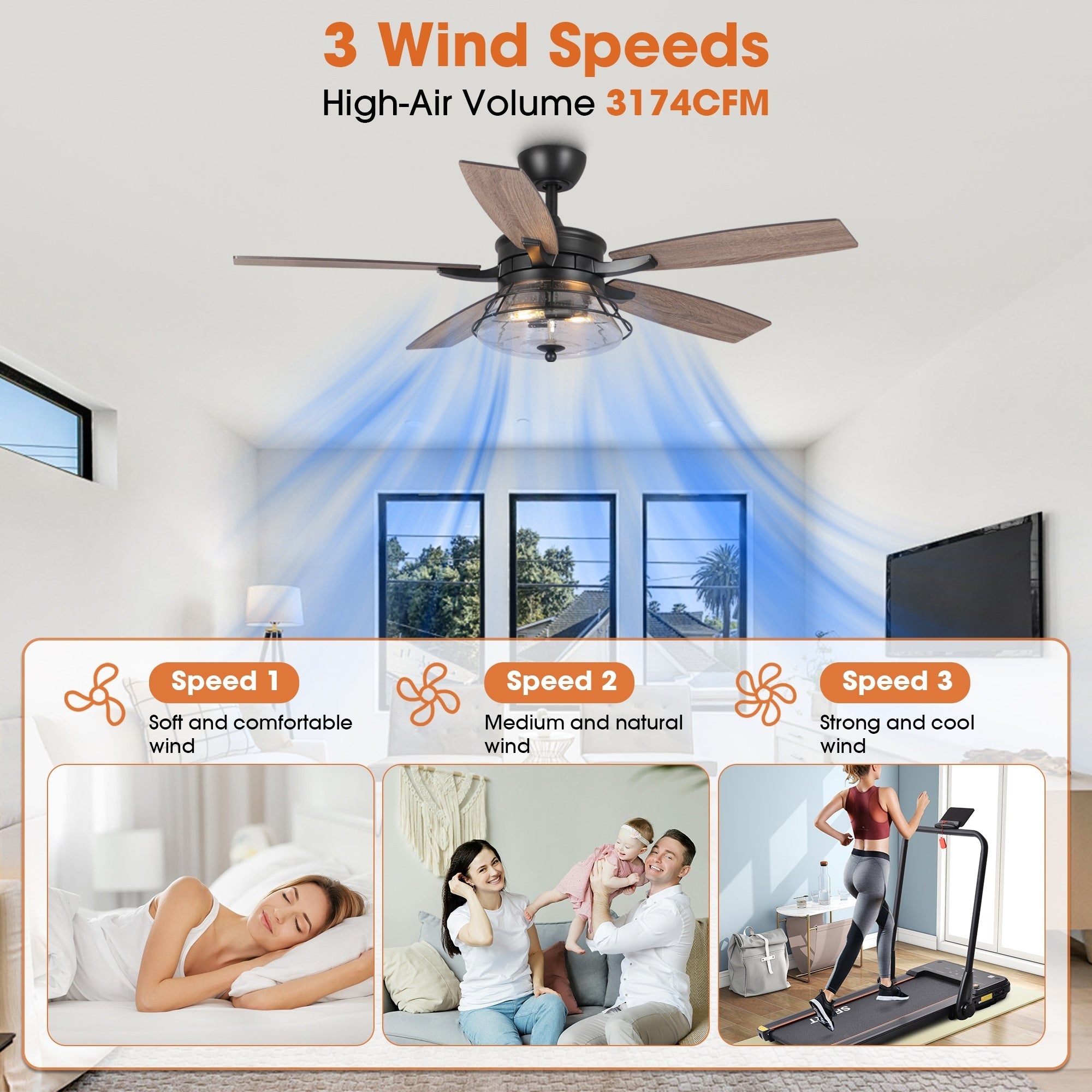 Ventilateur de plafond décoratif industriel en verre grainé noir de 52 pouces avec télécommande et kit d'éclairage