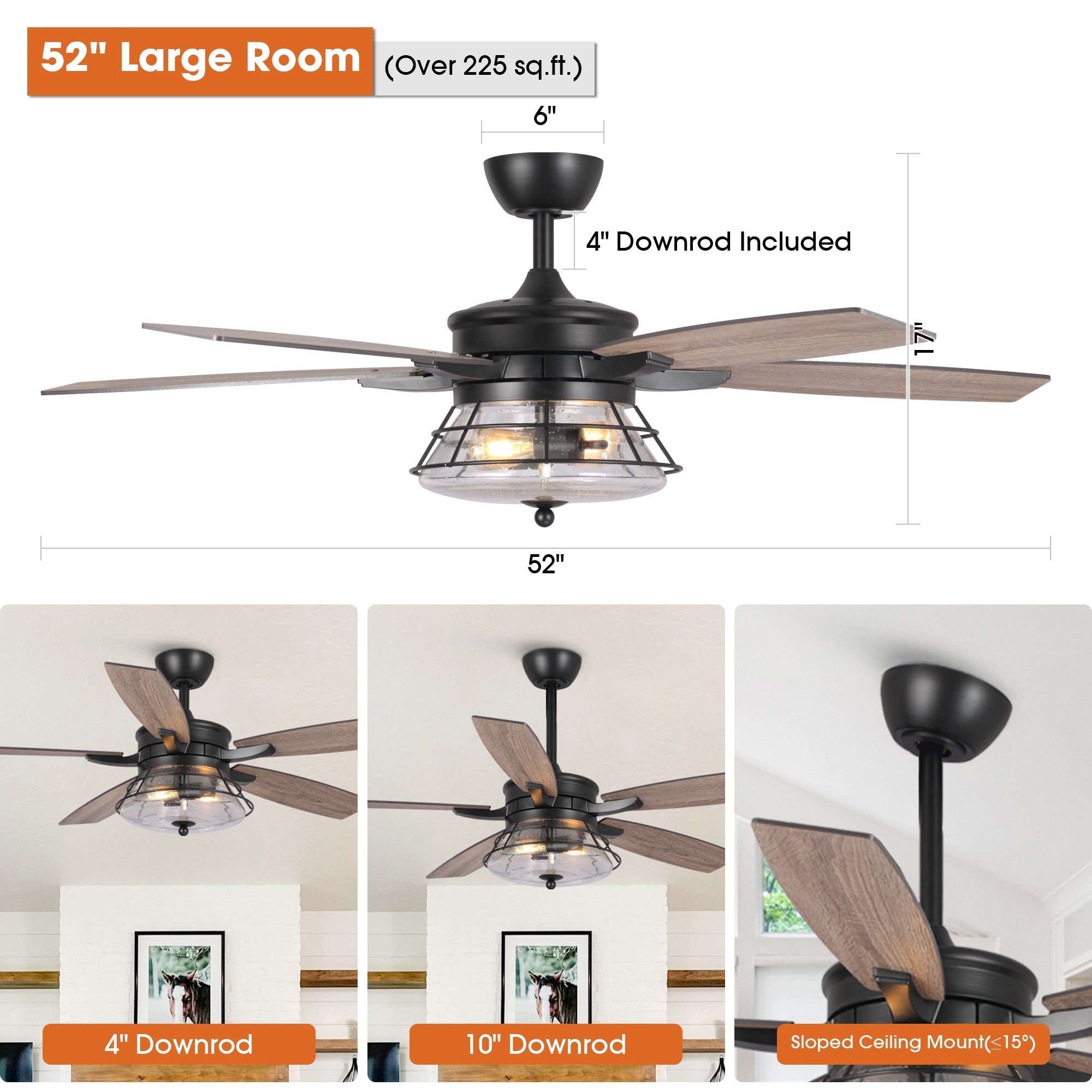Ventilateur de plafond décoratif industriel en verre grainé noir de 52 pouces avec télécommande et kit d'éclairage